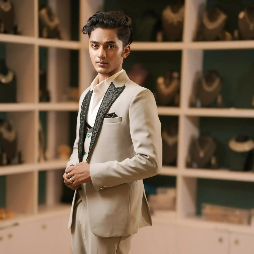 Cream wedding suit rental with waistcoat