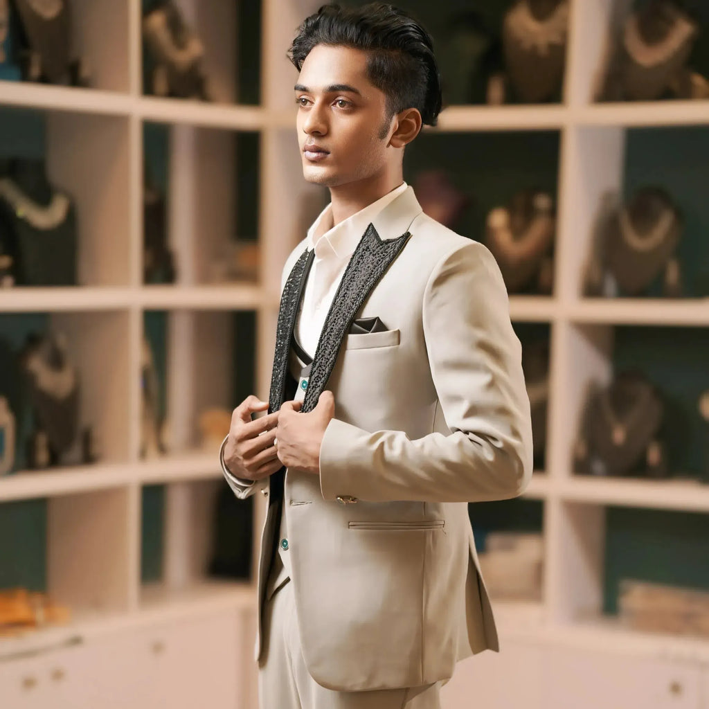 Cream wedding suit rental with waistcoat