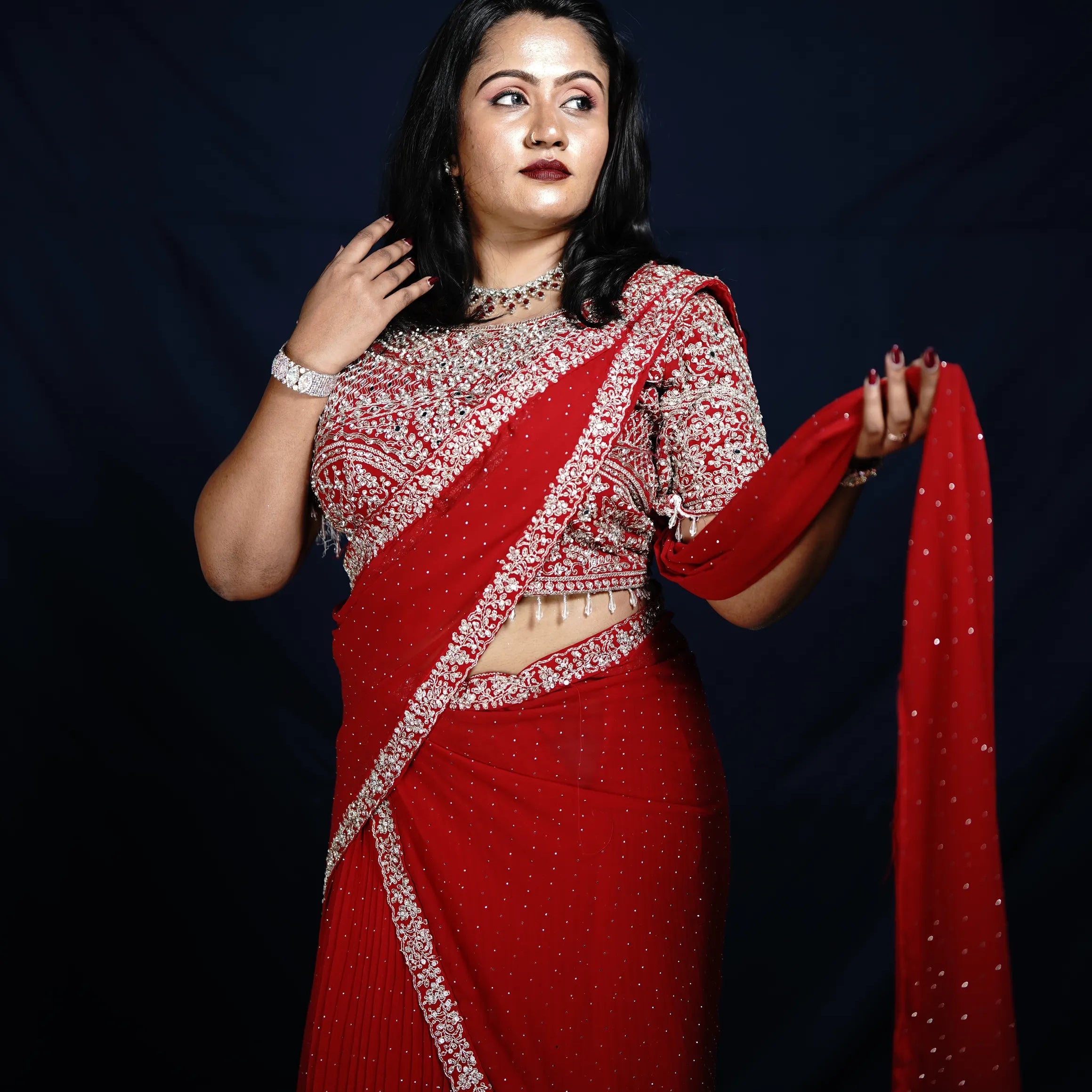 Red Bridal Crop Top Saree