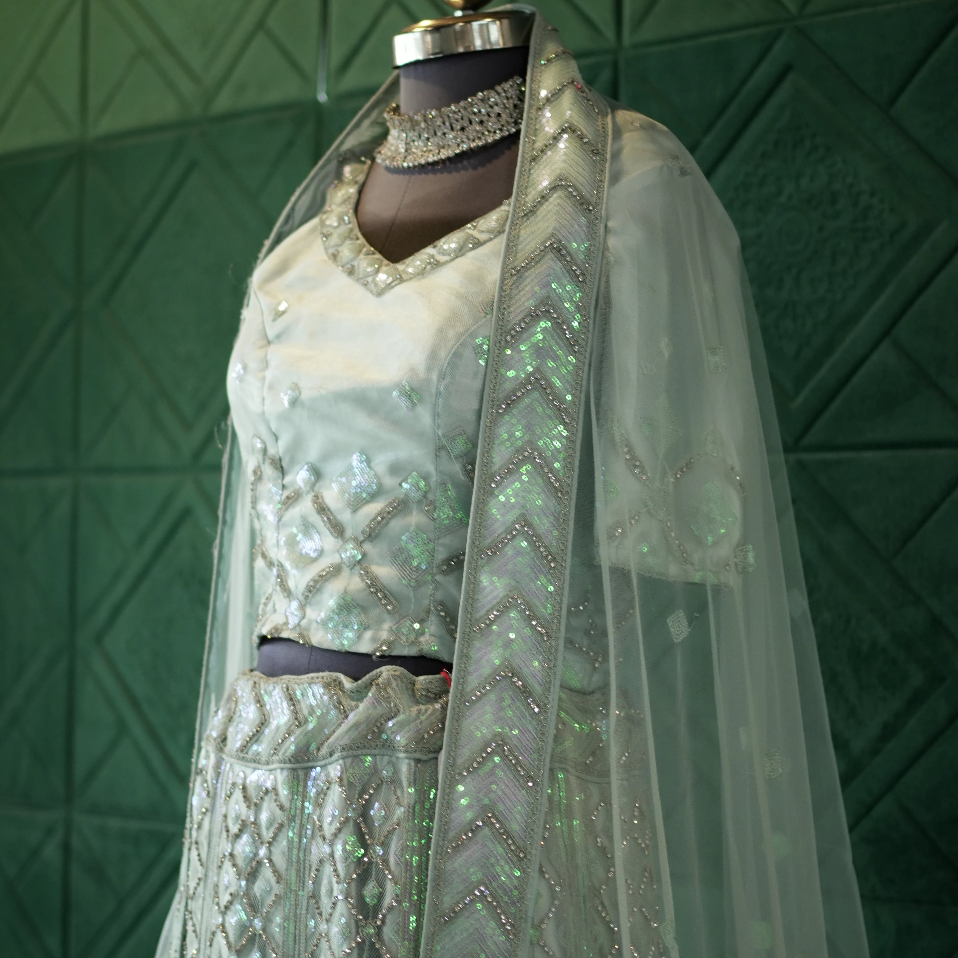 Mint Frost Silver Work Lehenga
