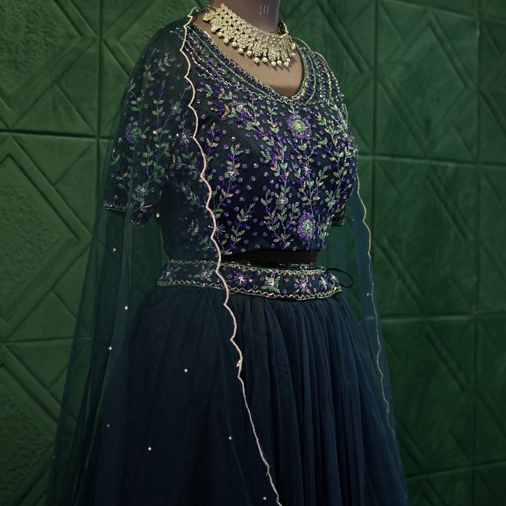 Navy Blue Floral Lehenga