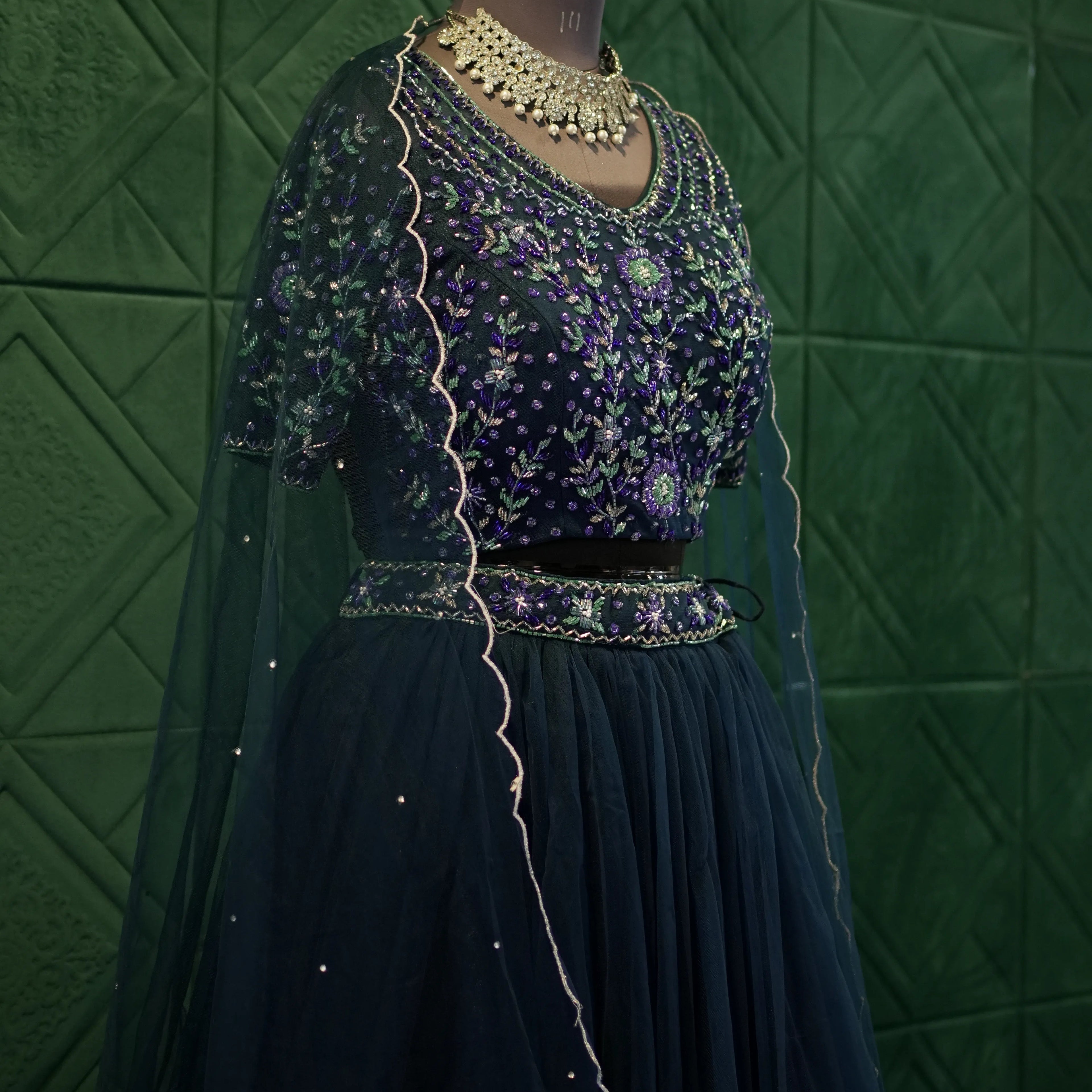Navy Blue Floral Lehenga