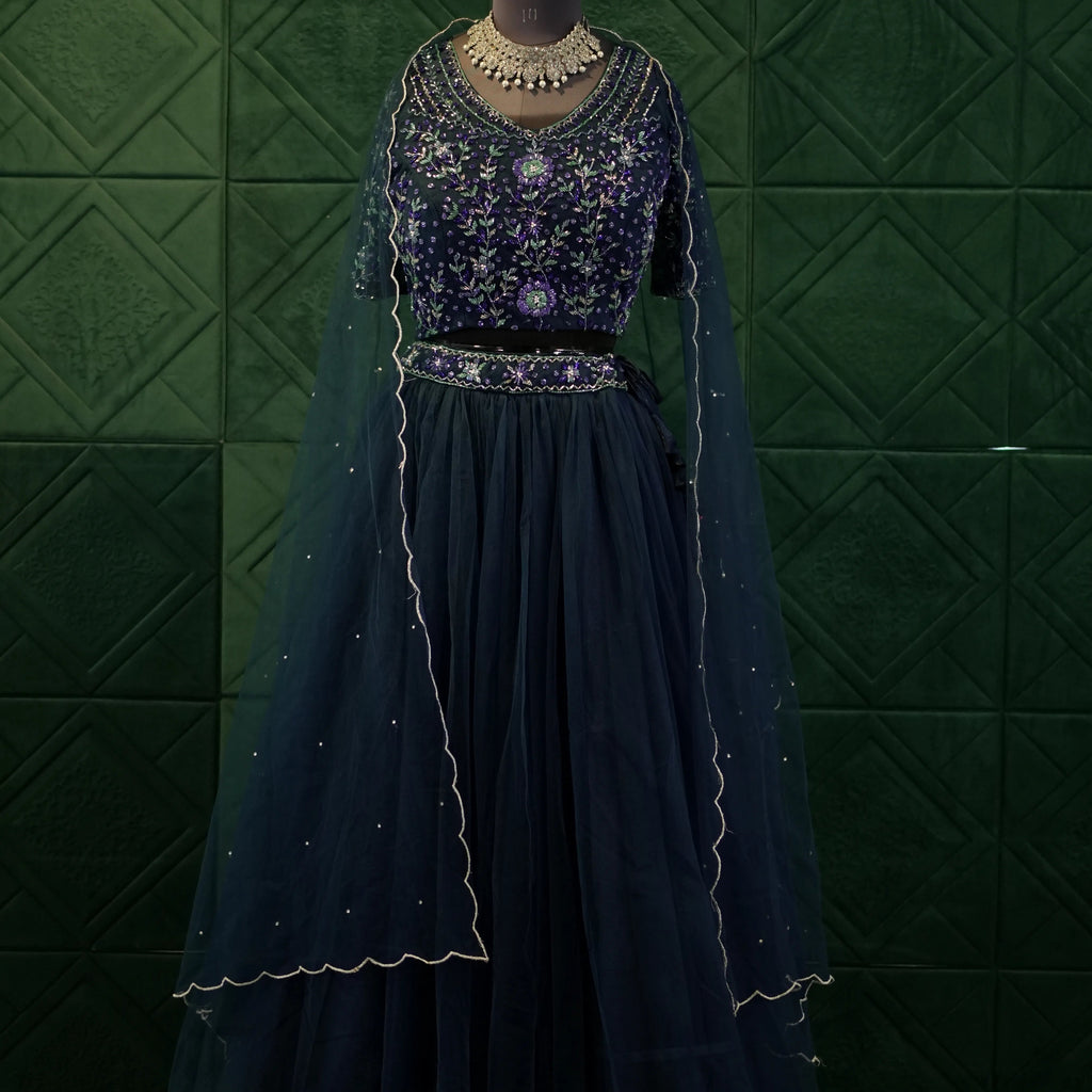 Navy Blue Floral Lehenga