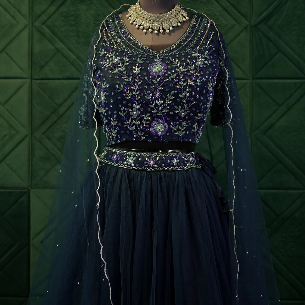 Navy Blue Floral Lehenga