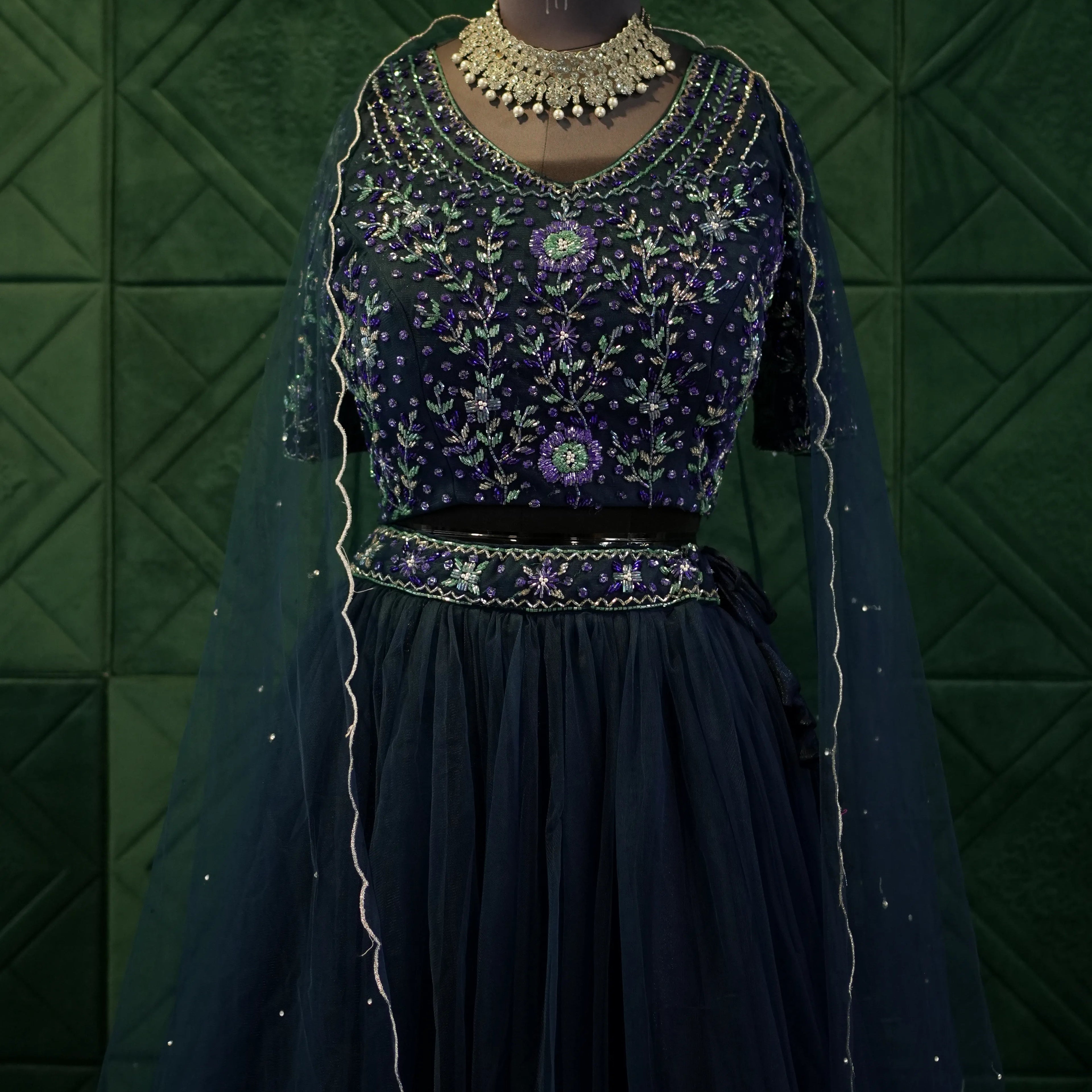 Navy Blue Floral Lehenga