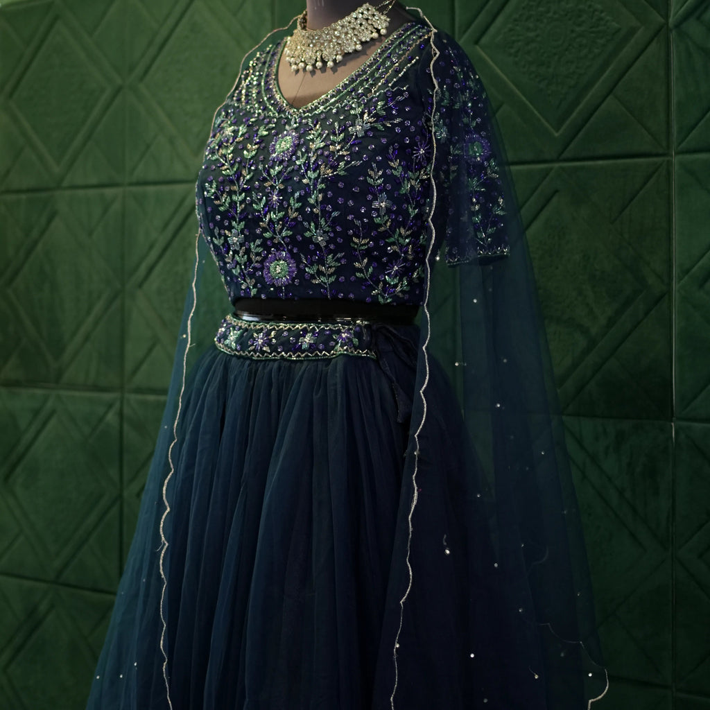 Navy Blue Floral Lehenga