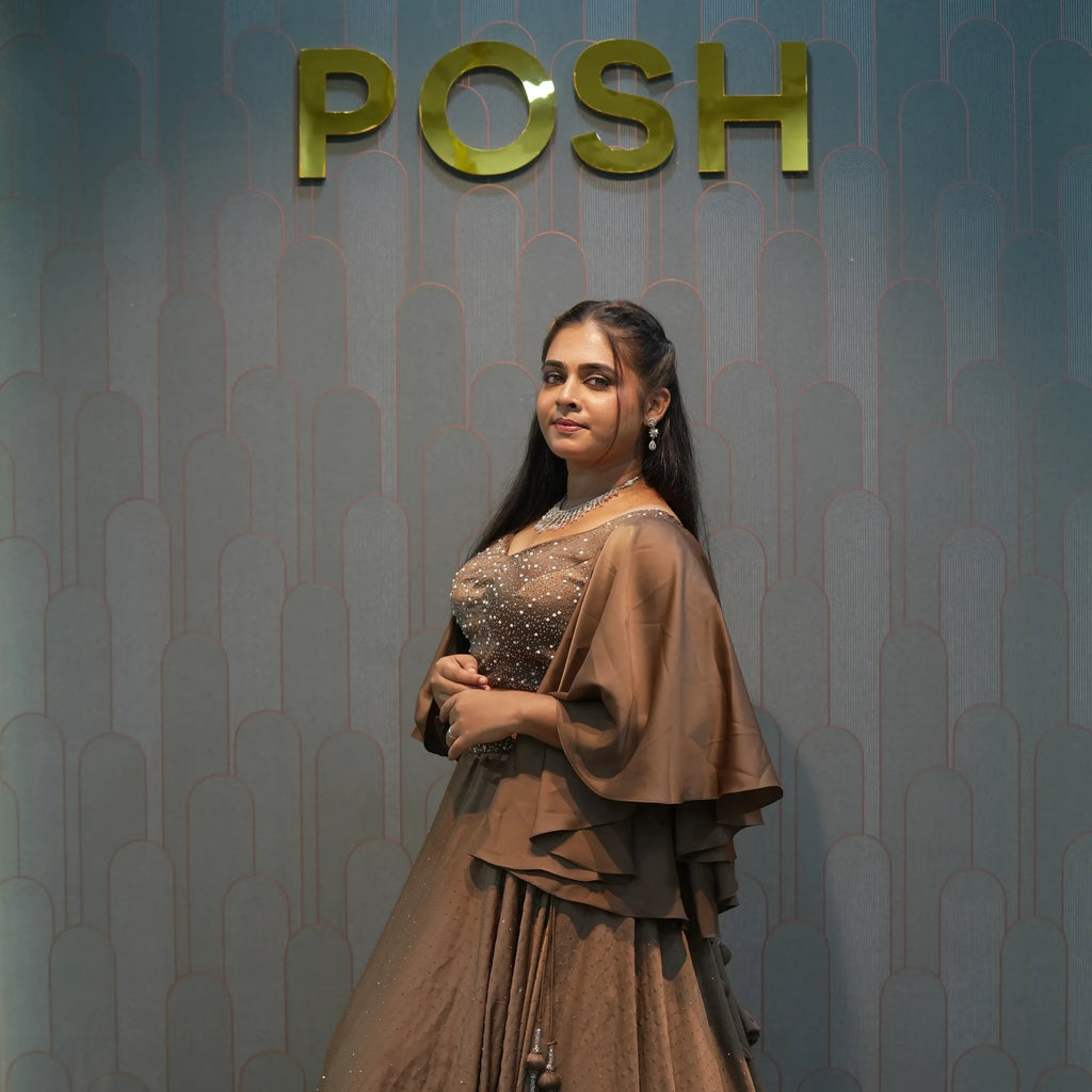 Brown Embellished Crop Top Gown