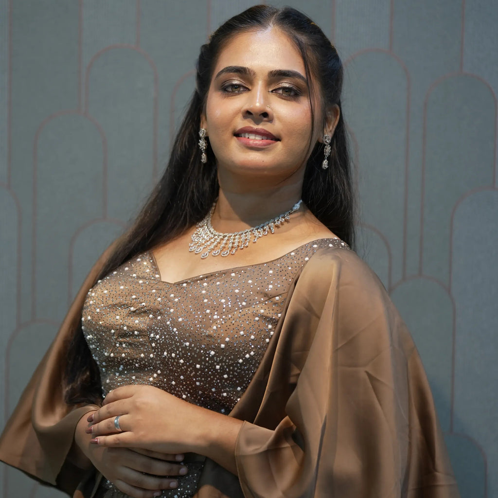 Brown Embellished Crop Top Gown