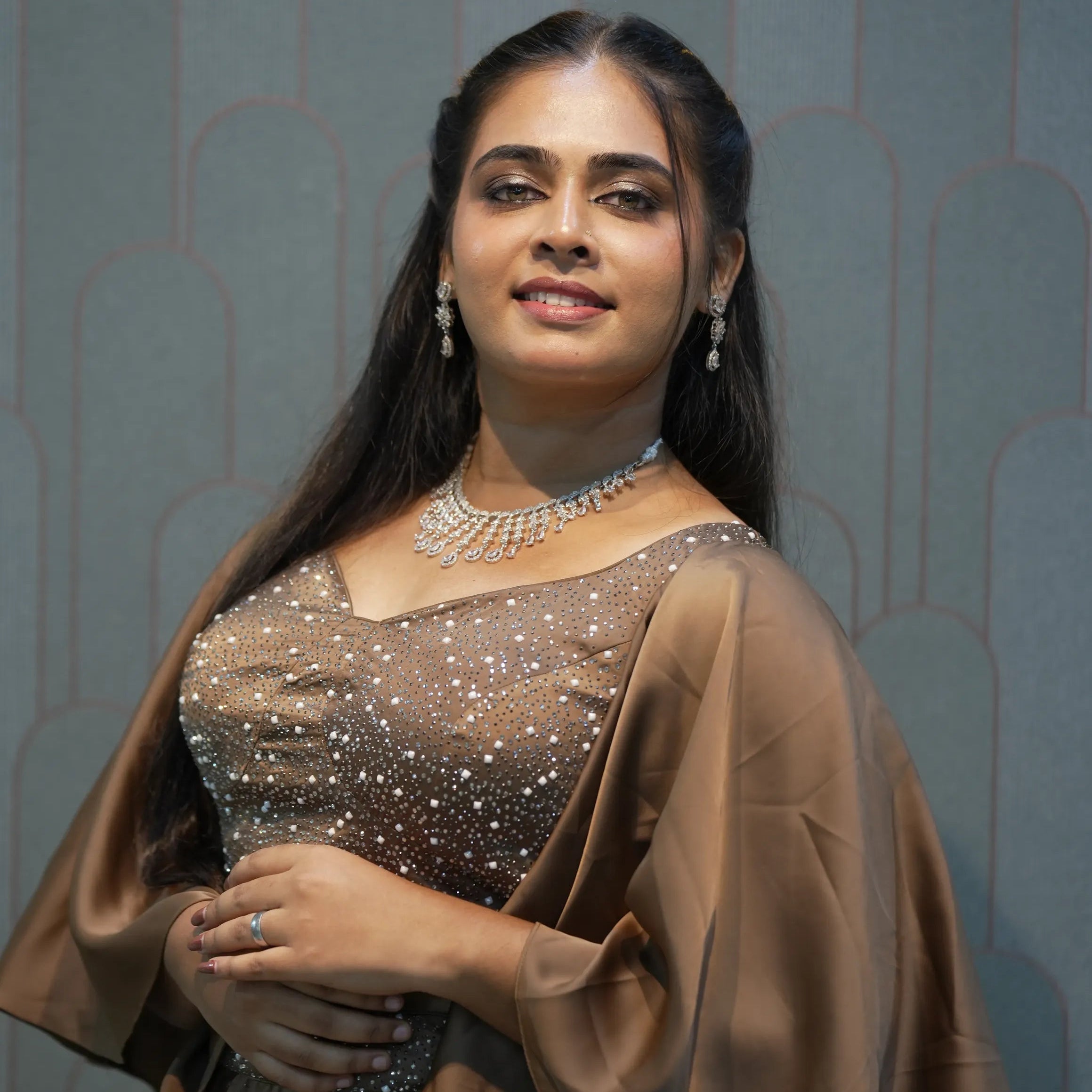 Brown Embellished Crop Top Gown