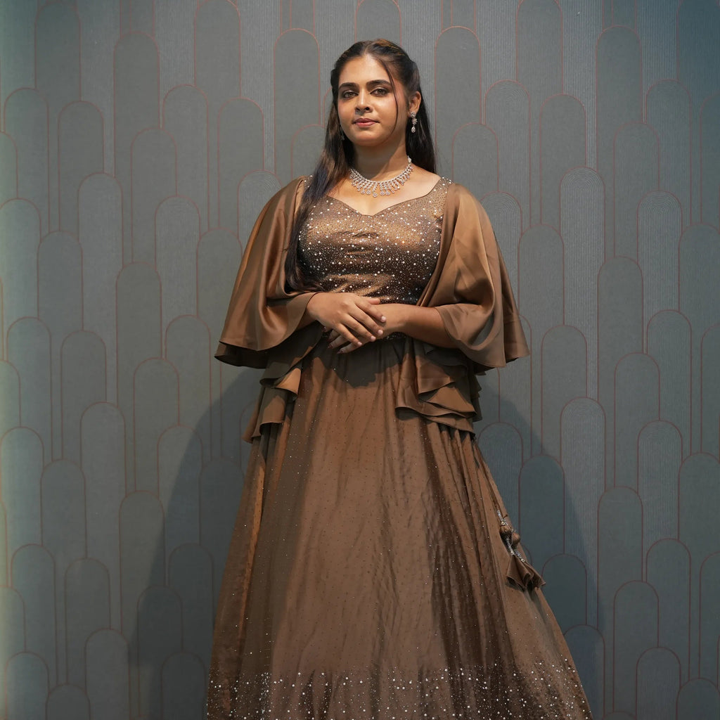 Brown Embellished Crop Top Gown