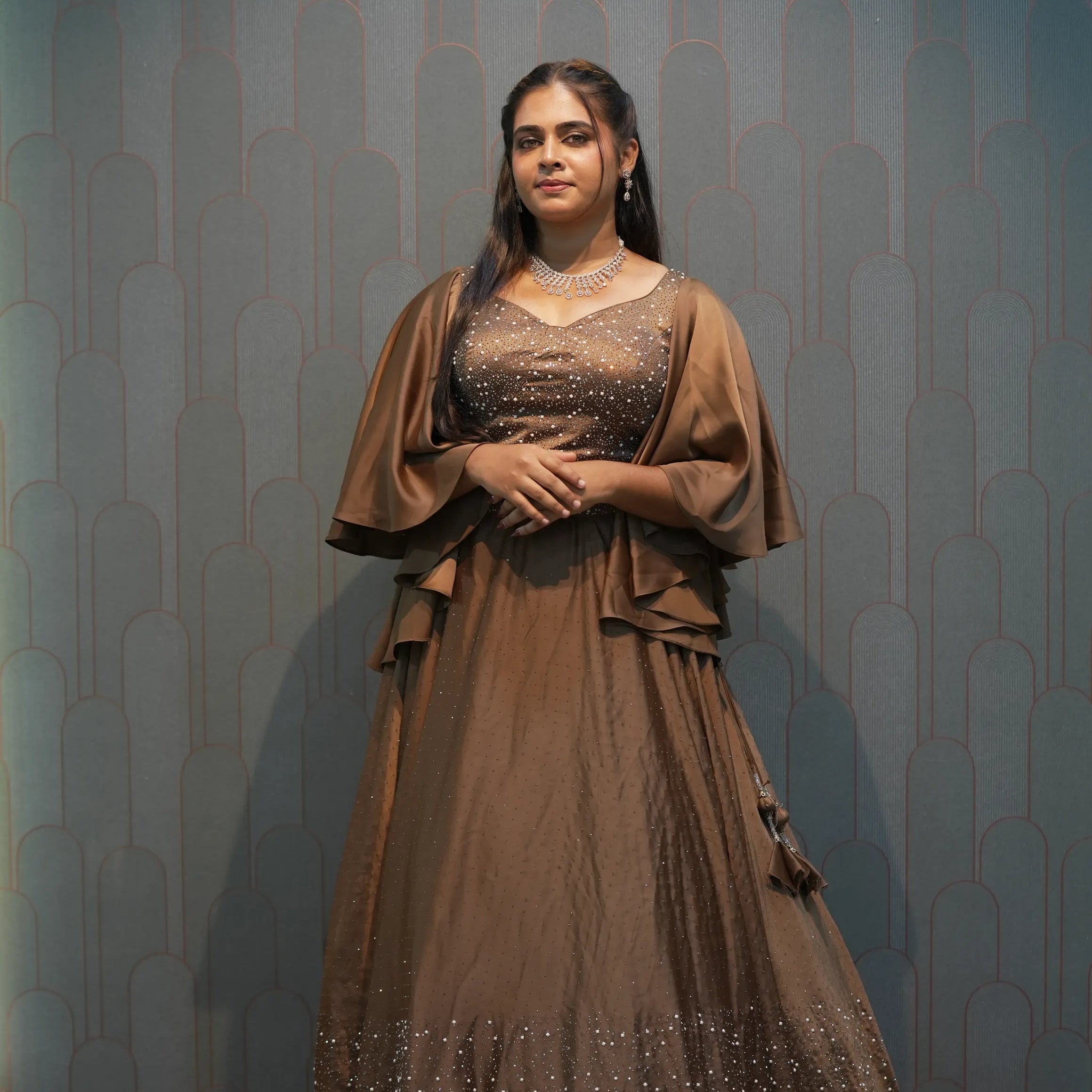 Brown Embellished Crop Top Gown