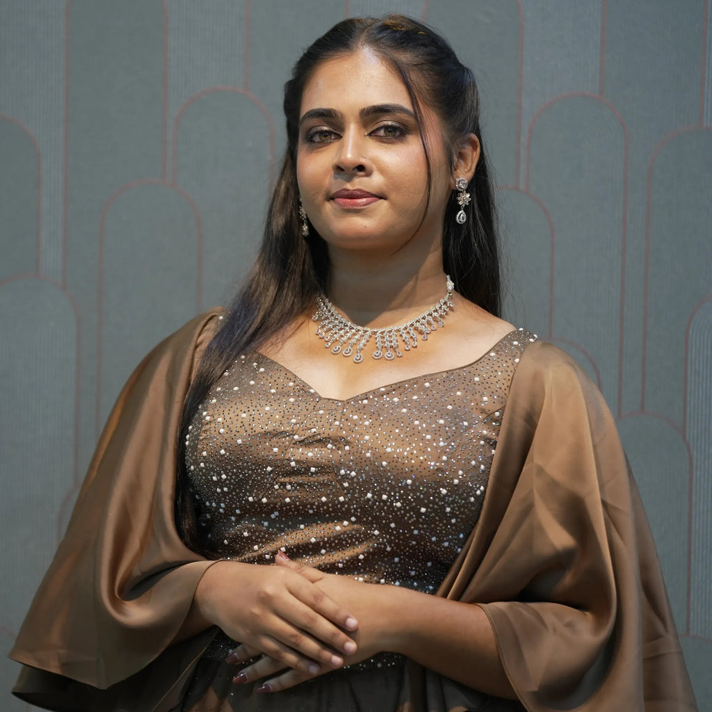 Brown Embellished Crop Top Gown