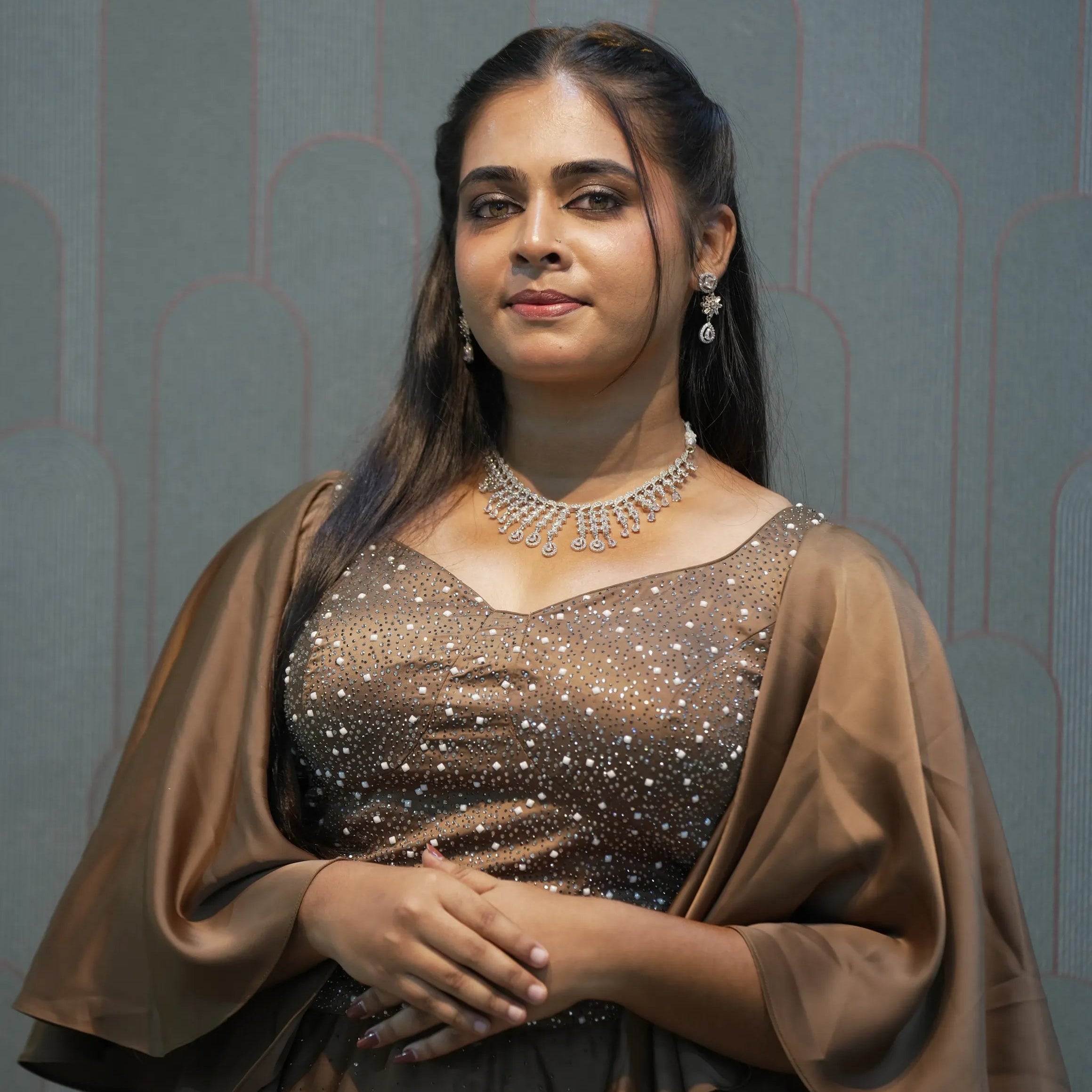 Brown Embellished Crop Top Gown