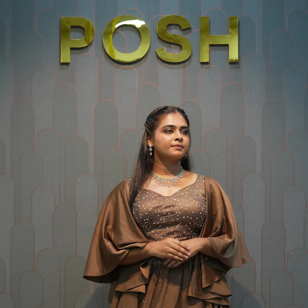 Brown Embellished Crop Top Gown