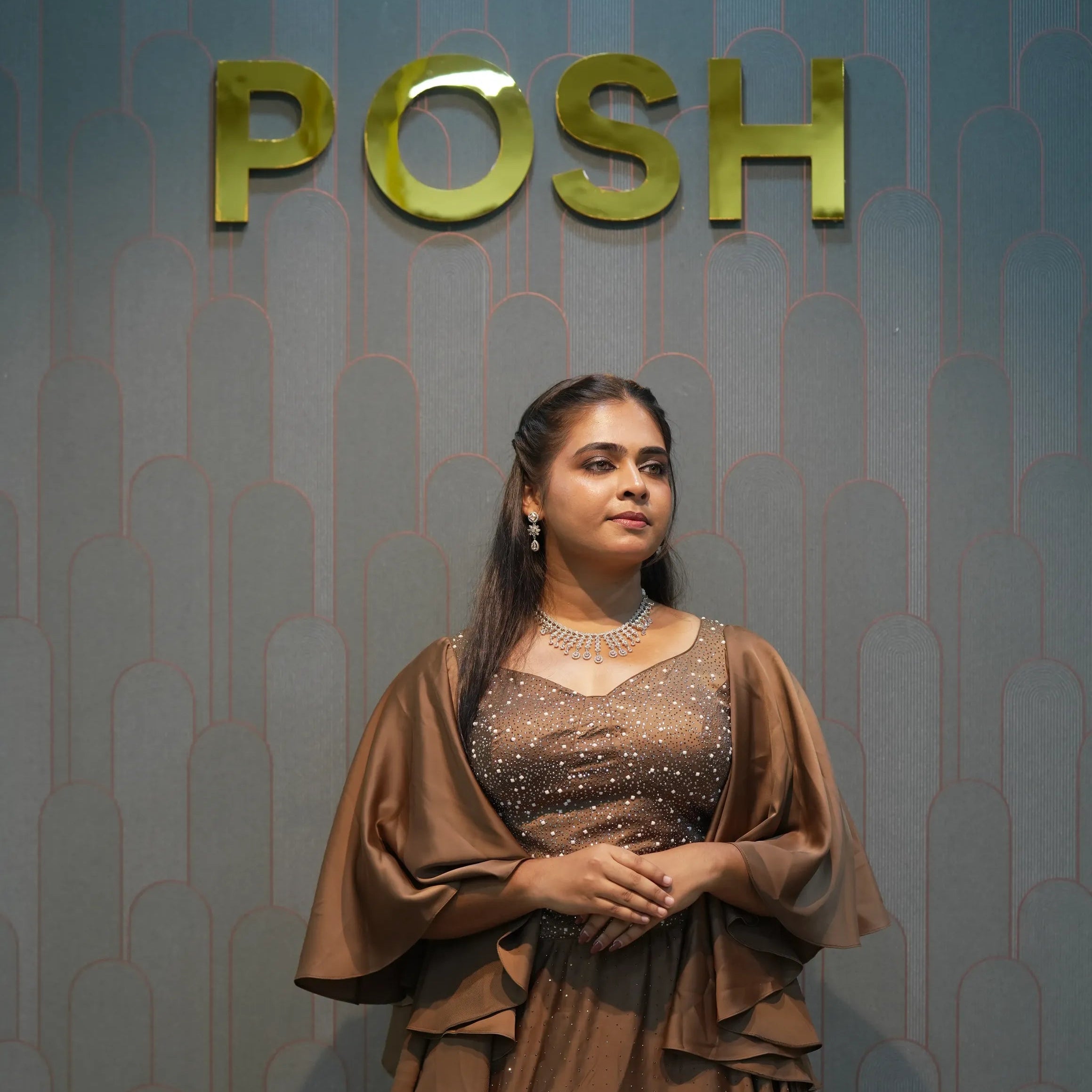 Brown Embellished Crop Top Gown