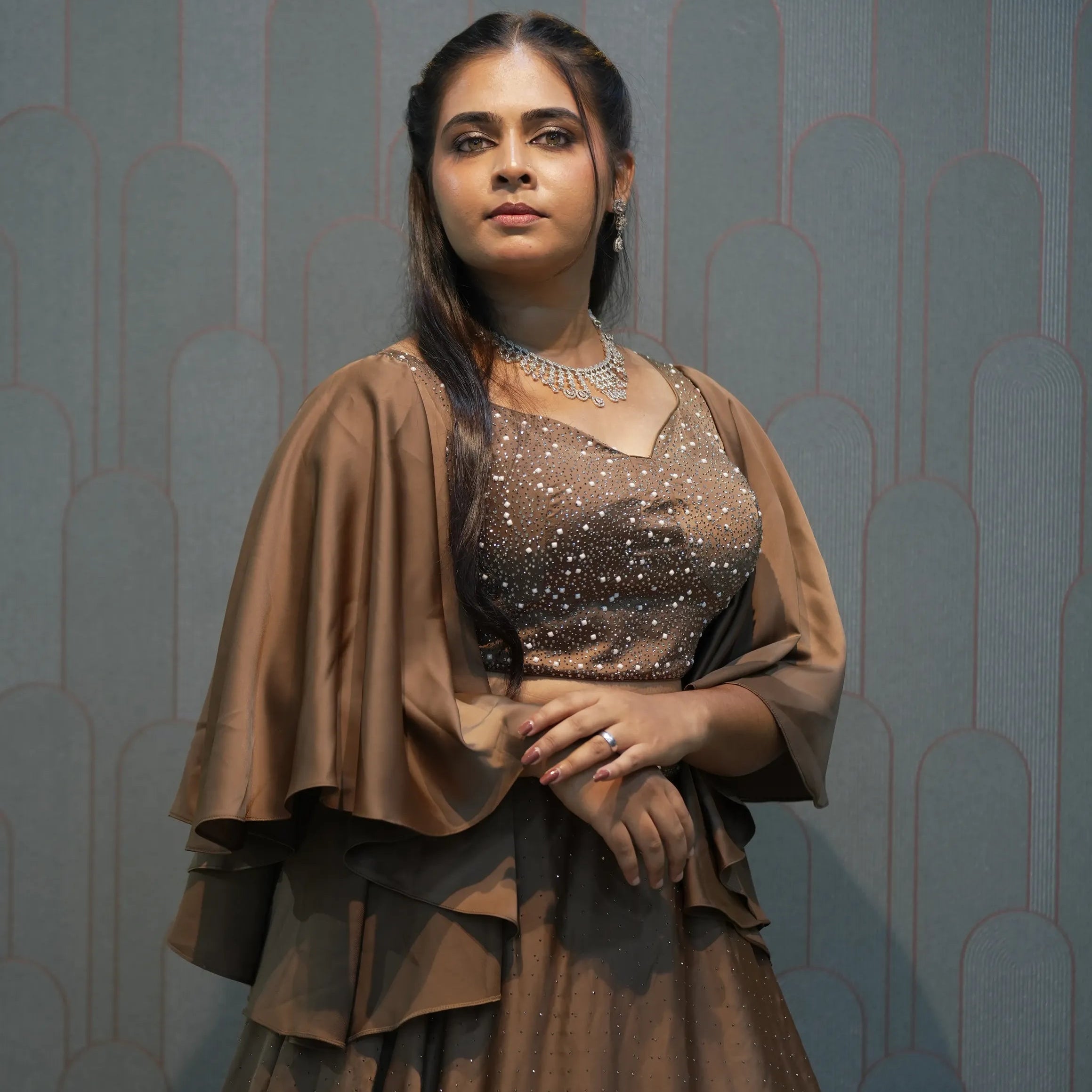 Brown Embellished Crop Top Gown