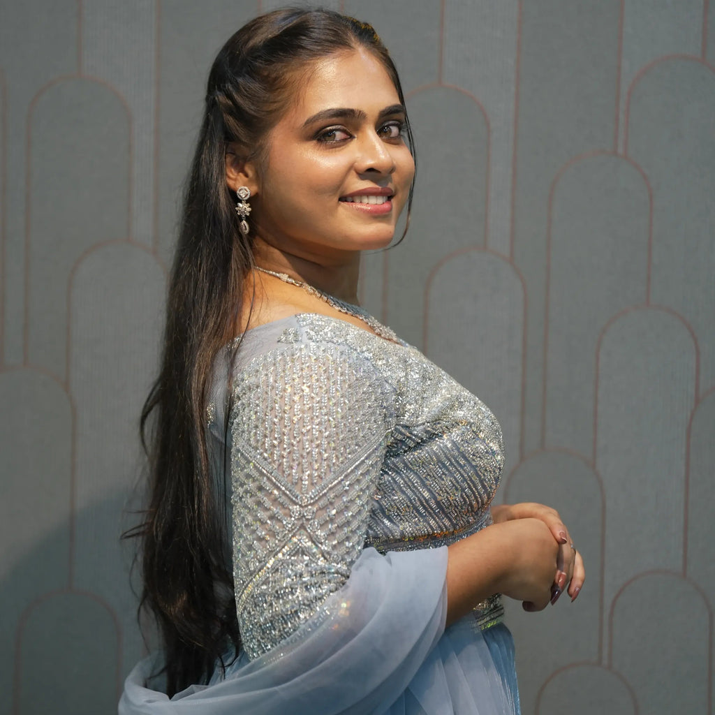 Ice Blue Embellished Crop Top Gown