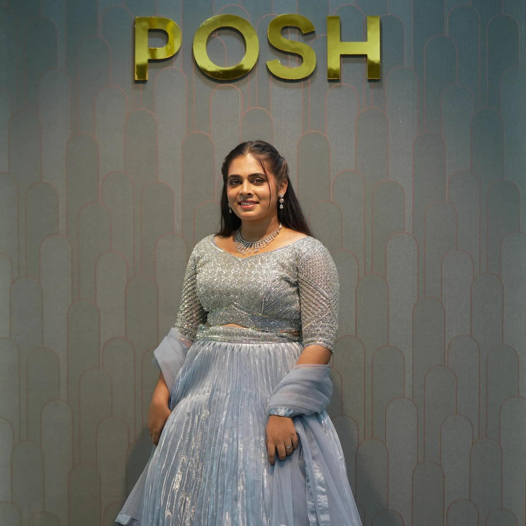 Ice Blue Embellished Crop Top Gown