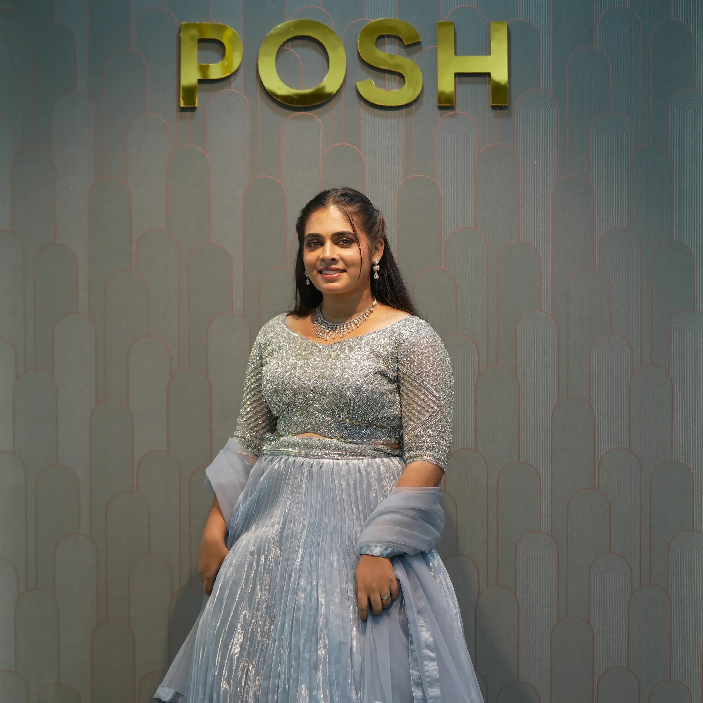 Ice Blue Embellished Crop Top Gown