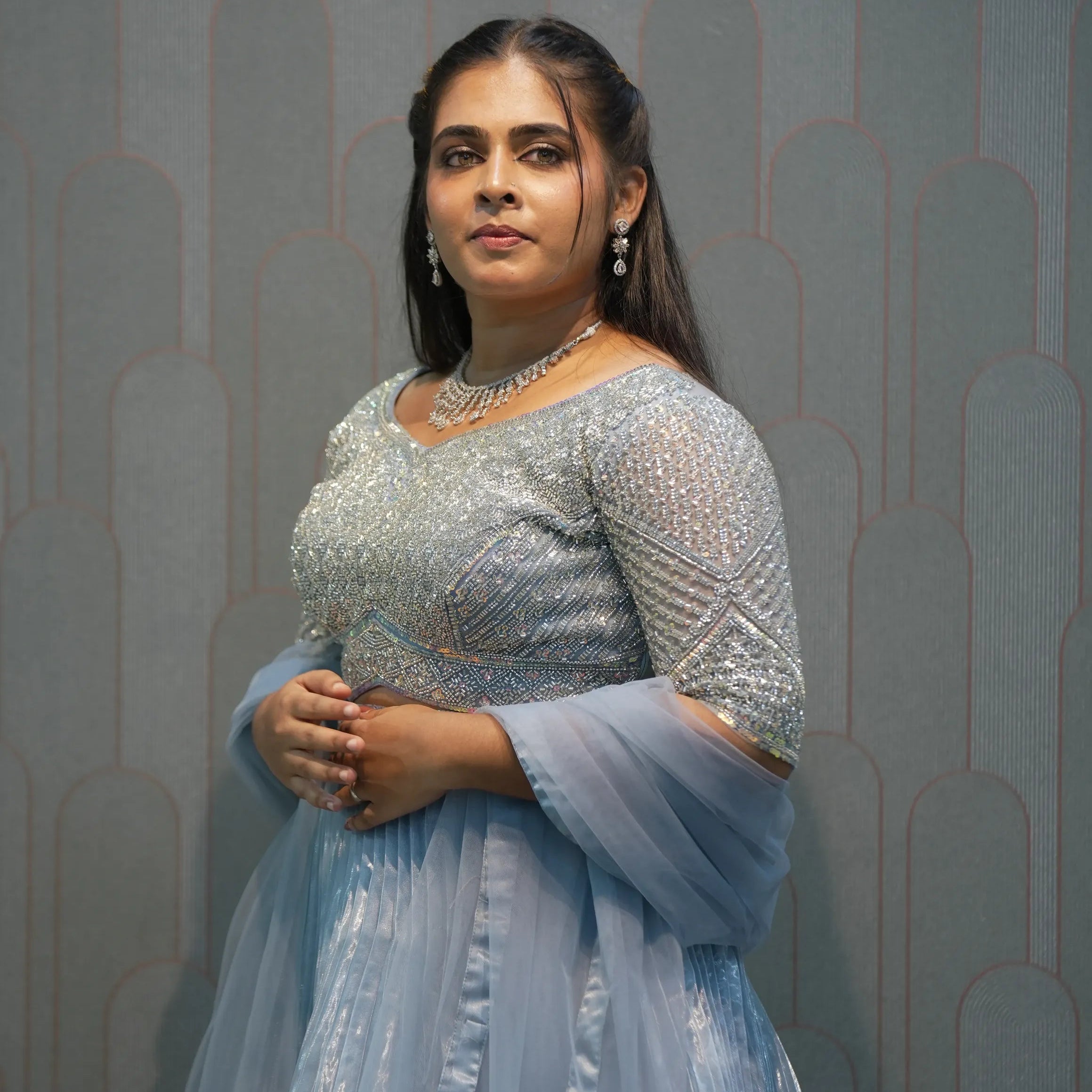 Ice Blue Embellished Crop Top Gown