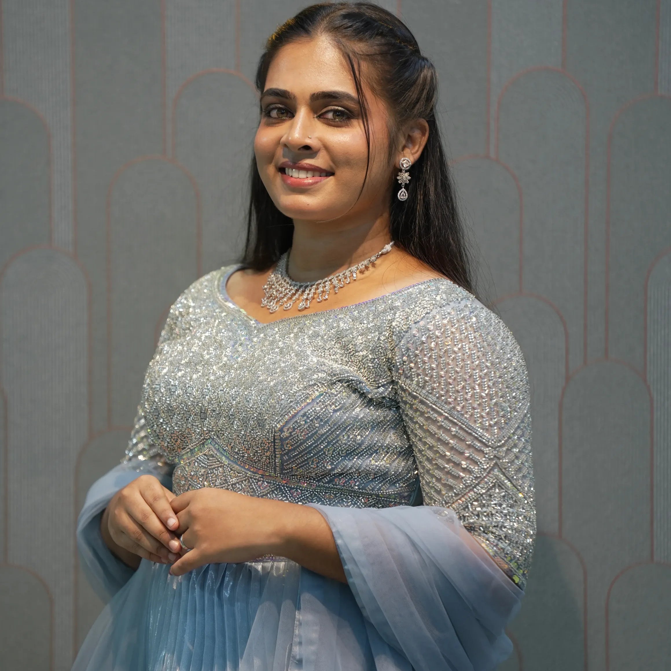 Ice Blue Embellished Crop Top Gown