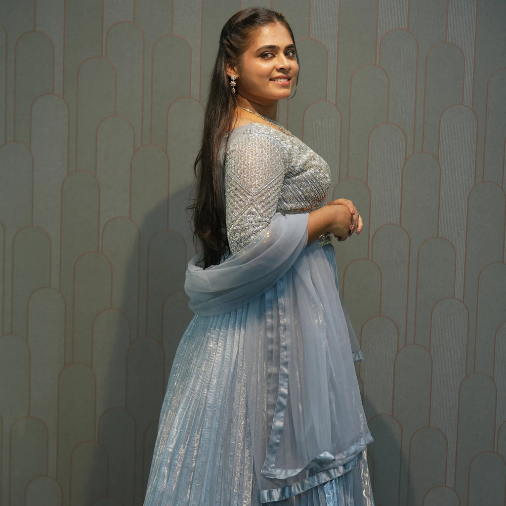 Ice Blue Embellished Crop Top Gown