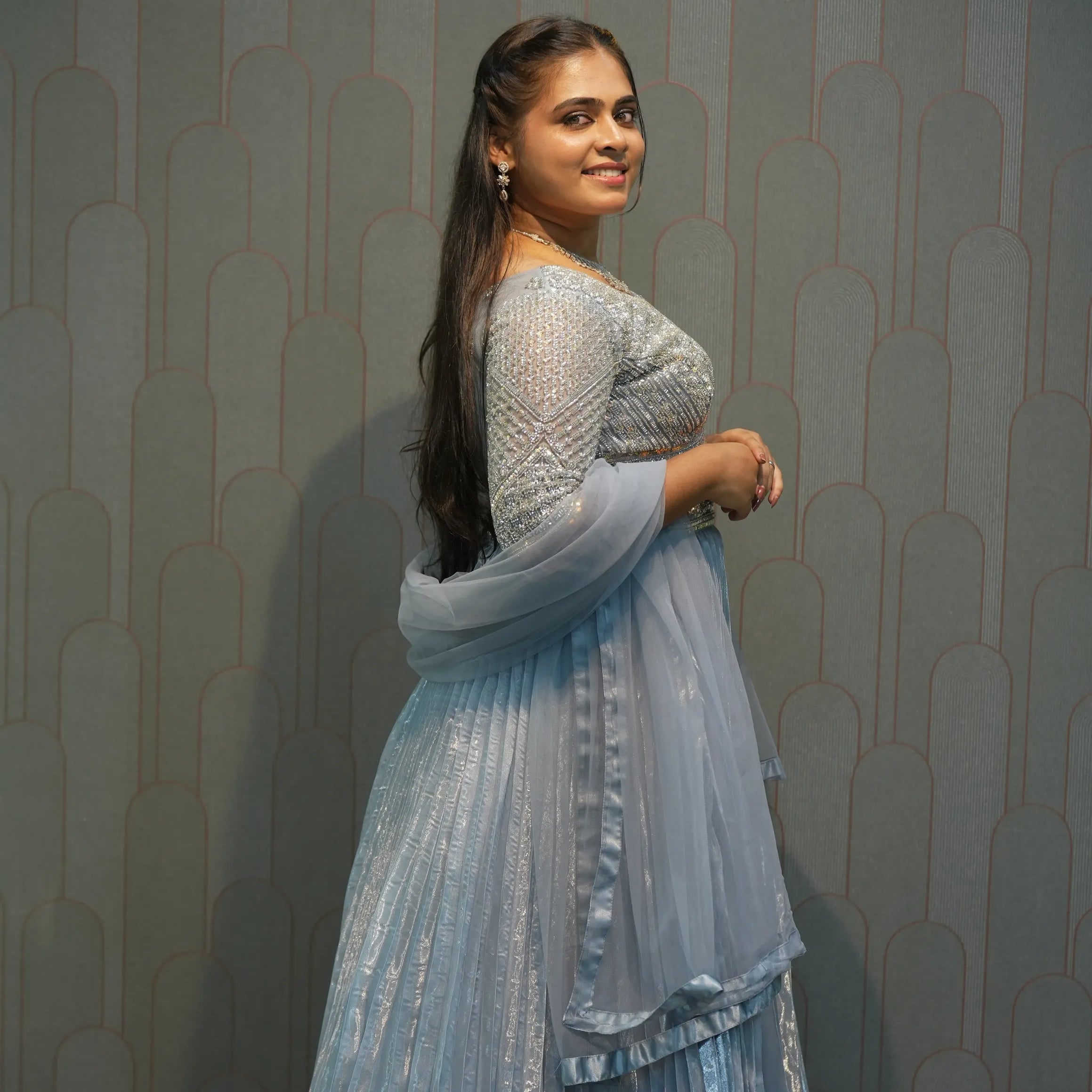 Ice Blue Embellished Crop Top Gown