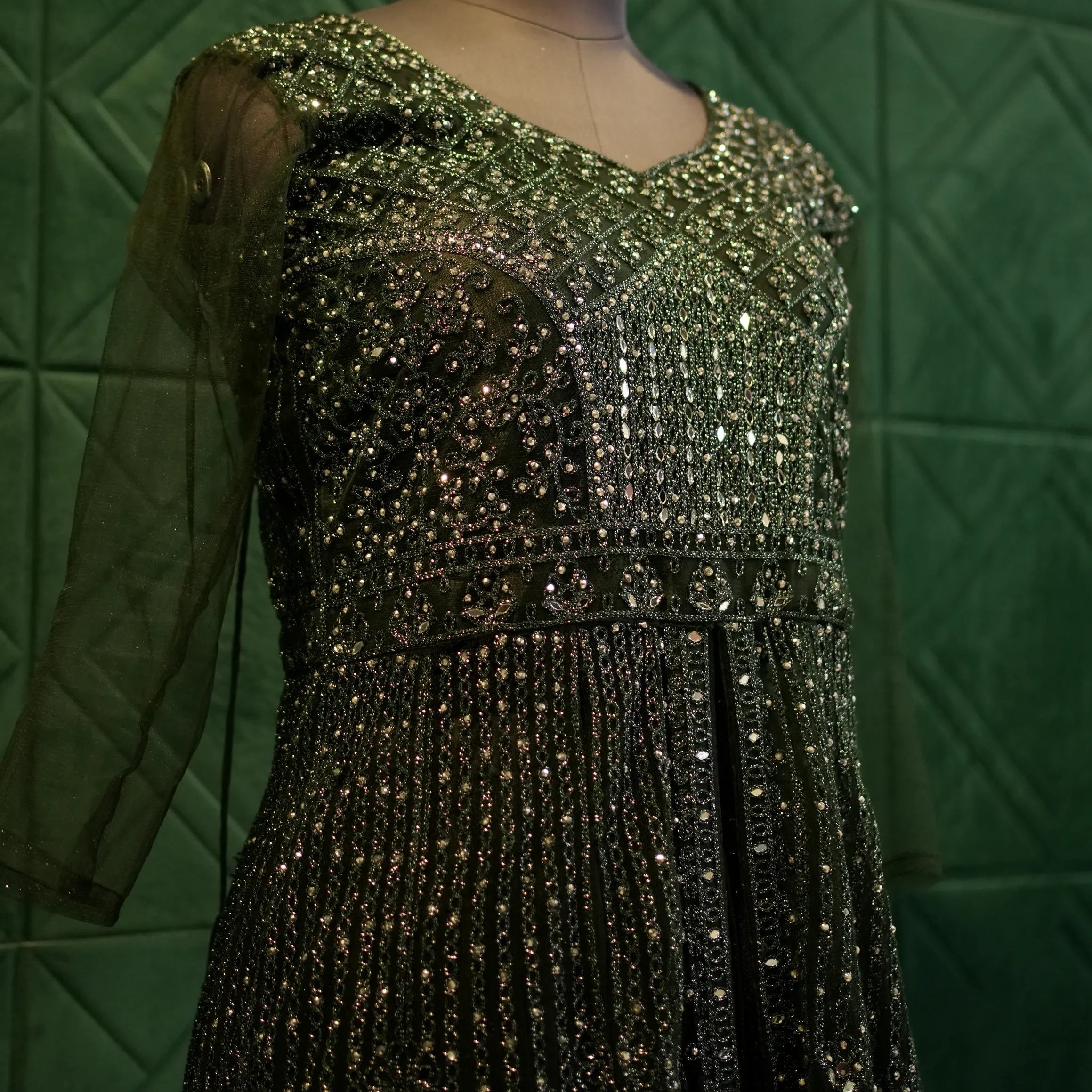 Luxury Green Mirror Work Gown