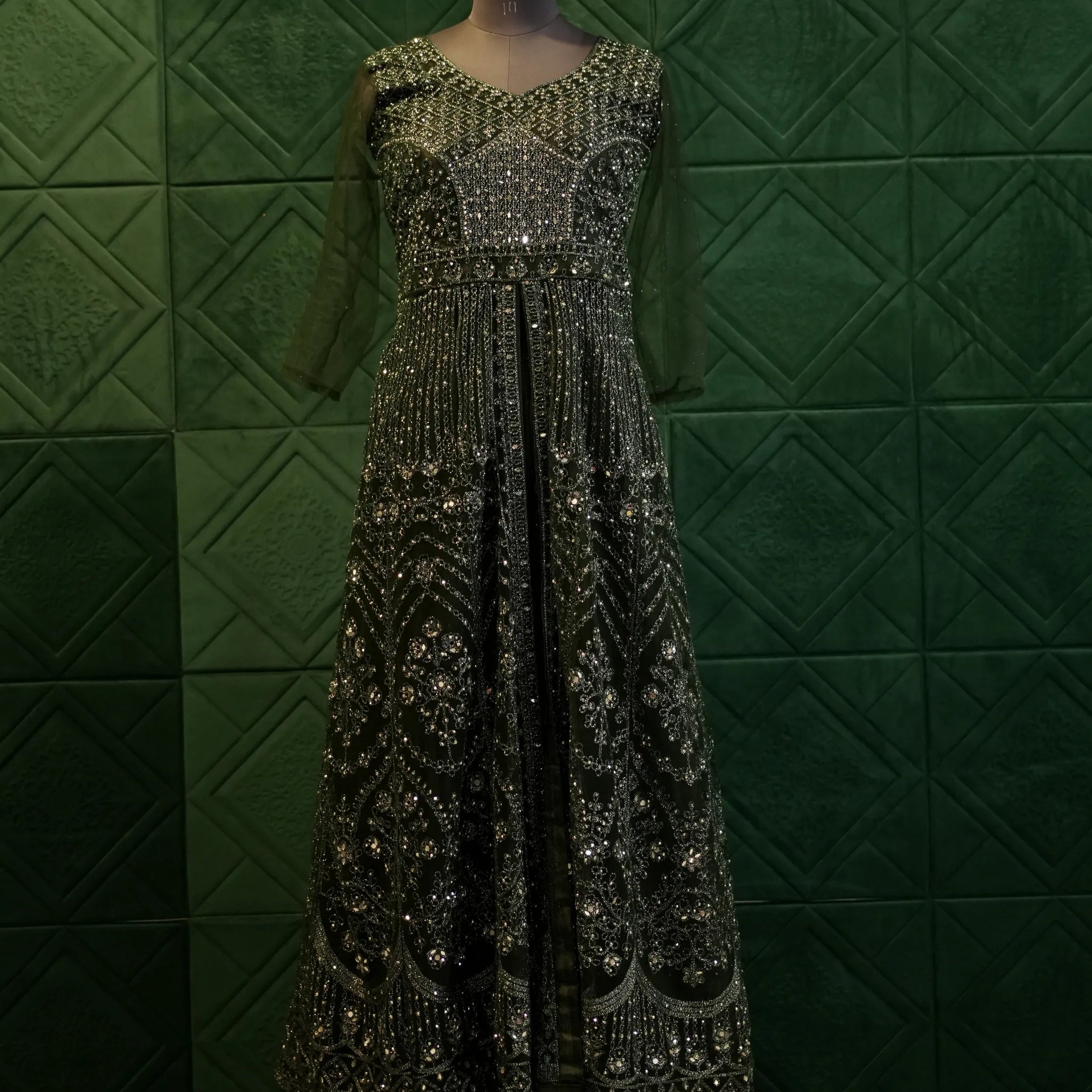 Luxury Green Mirror Work Gown