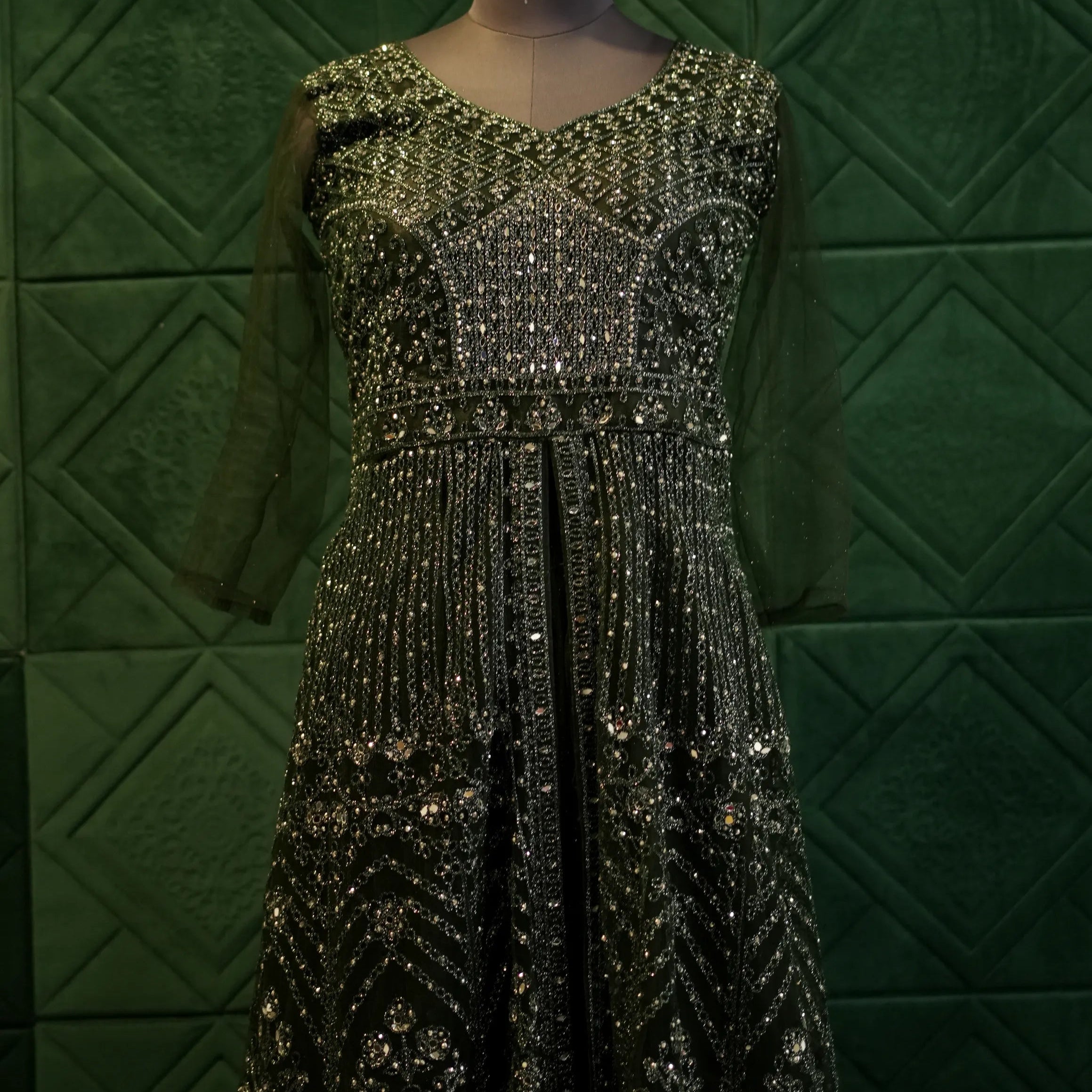 Luxury Green Mirror Work Gown
