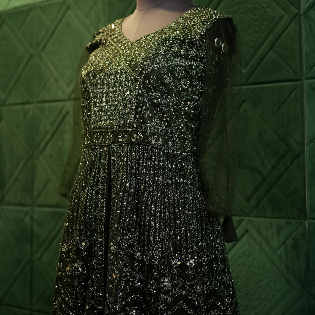 Luxury Green Mirror Work Gown