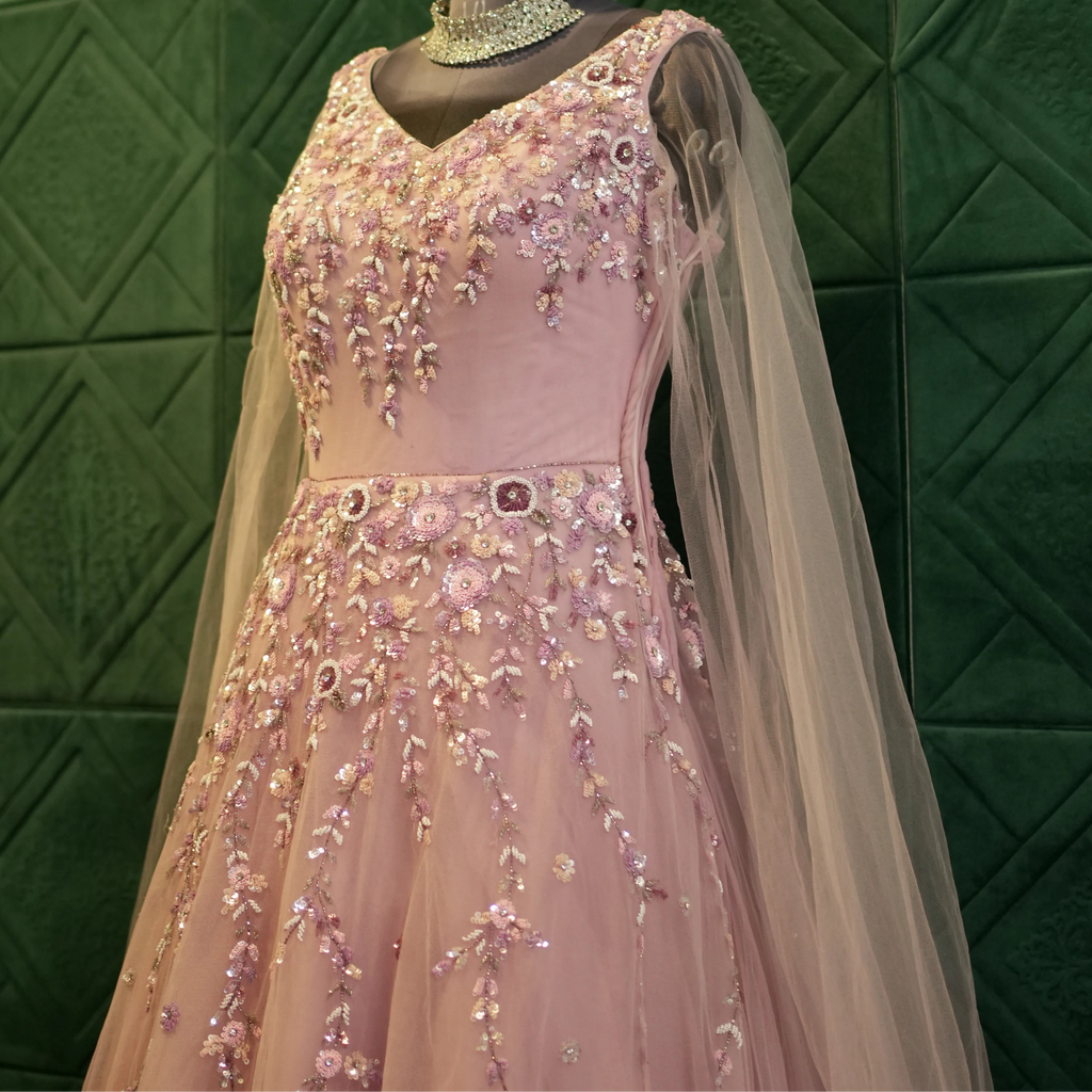 Pink Net Wedding Reception Gown