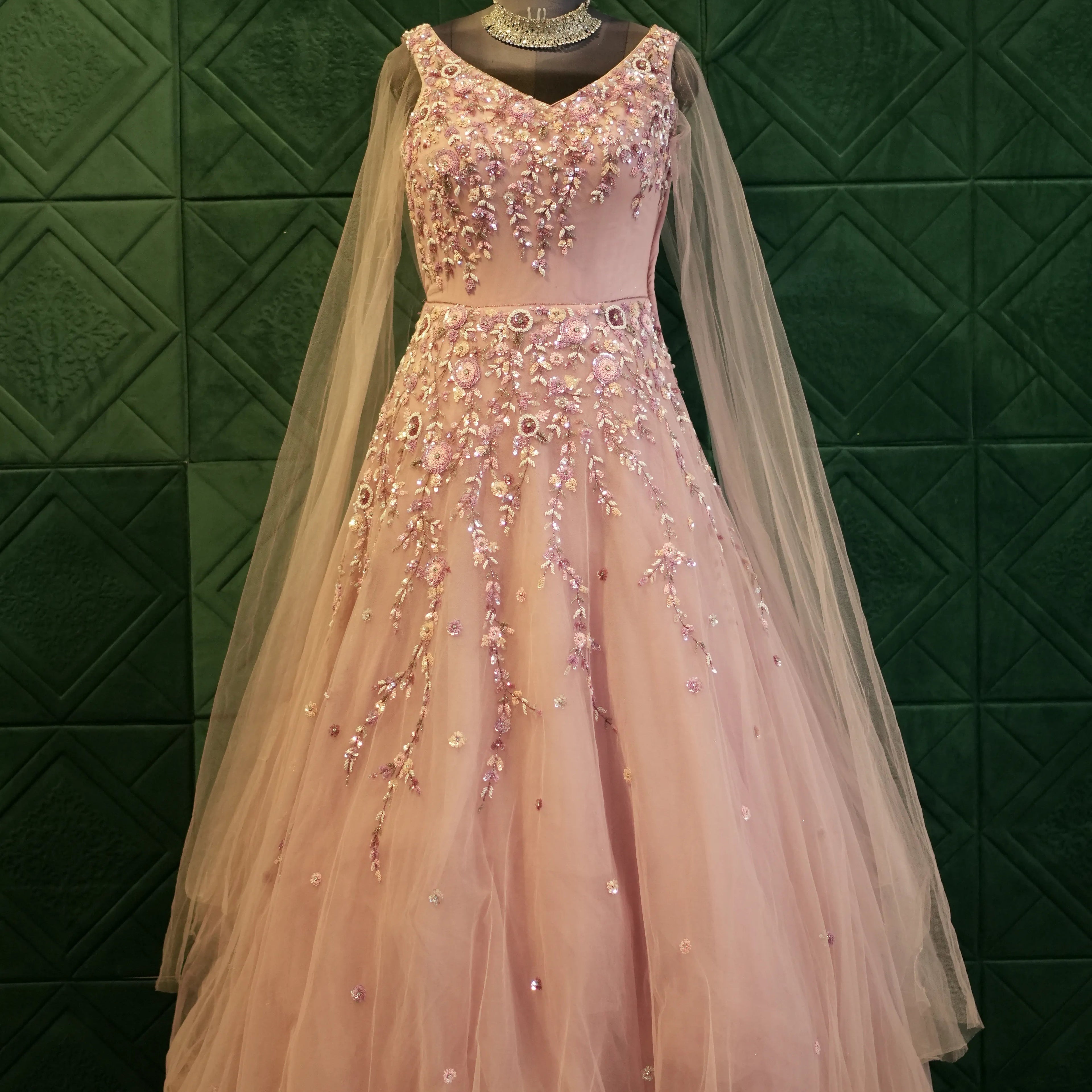 Pink Net Wedding Reception Gown