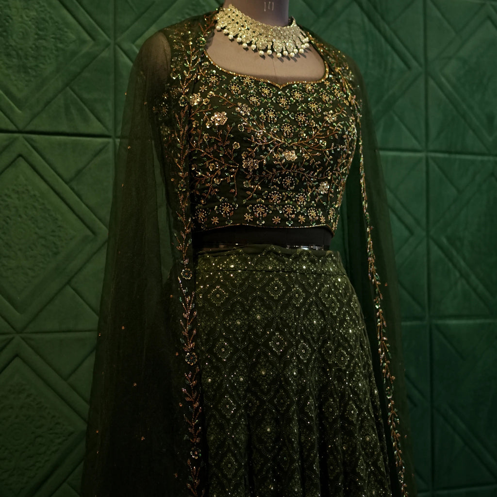Dark Green Embroidered Lehenga