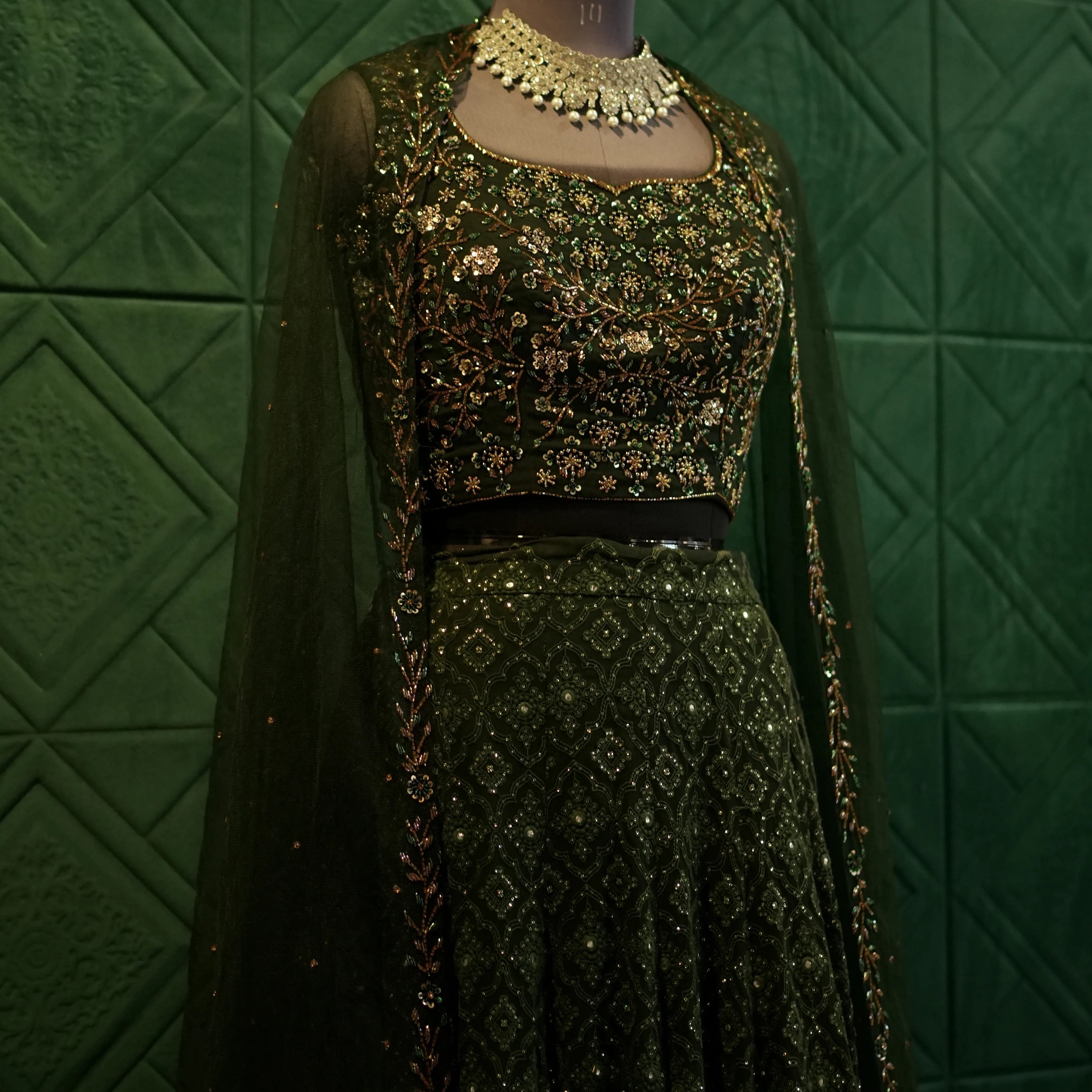 Dark Green Embroidered Lehenga
