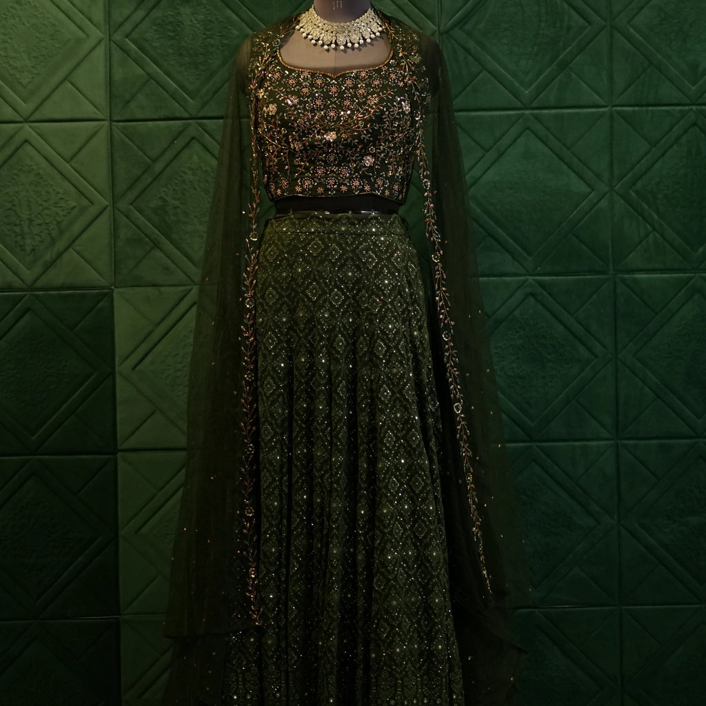Dark Green Embroidered Lehenga