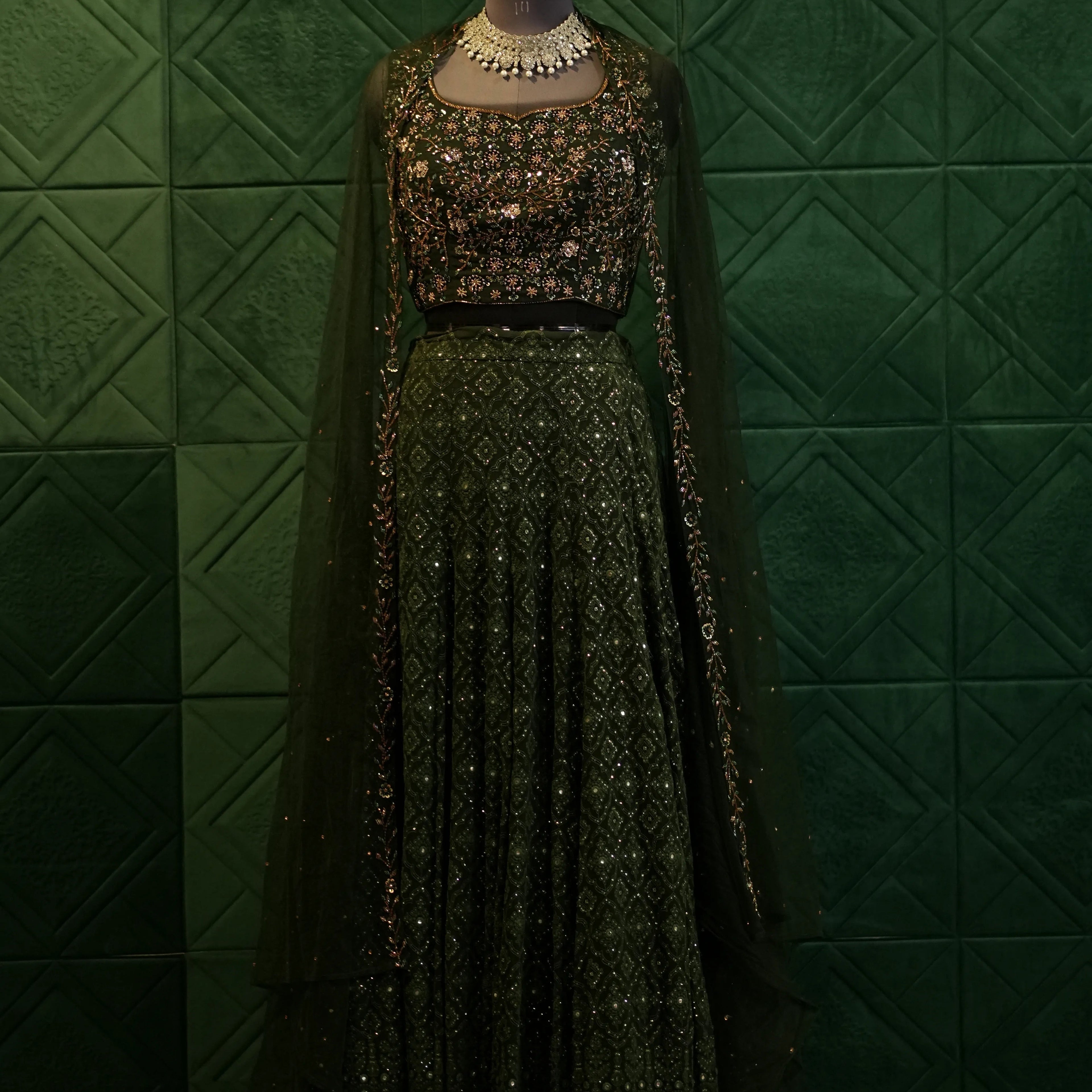 Dark Green Embroidered Lehenga