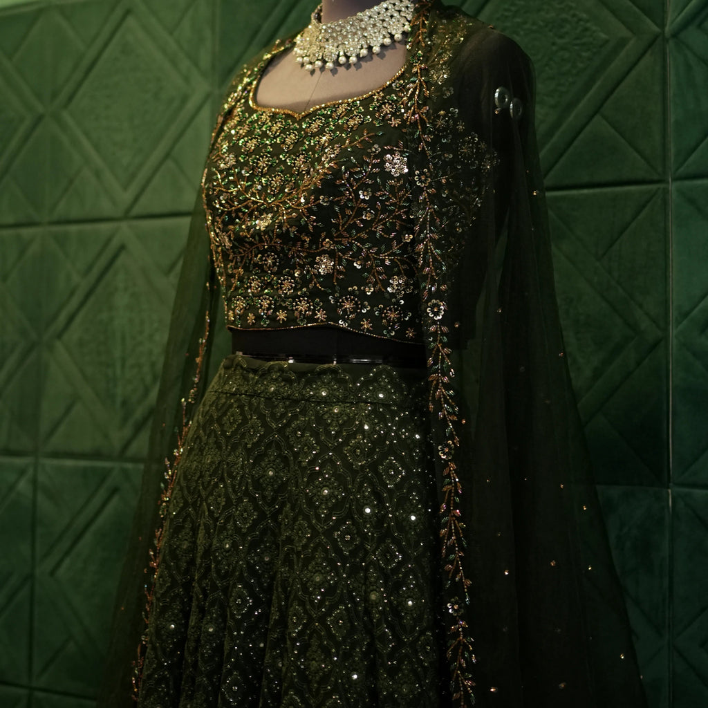 Dark Green Embroidered Lehenga