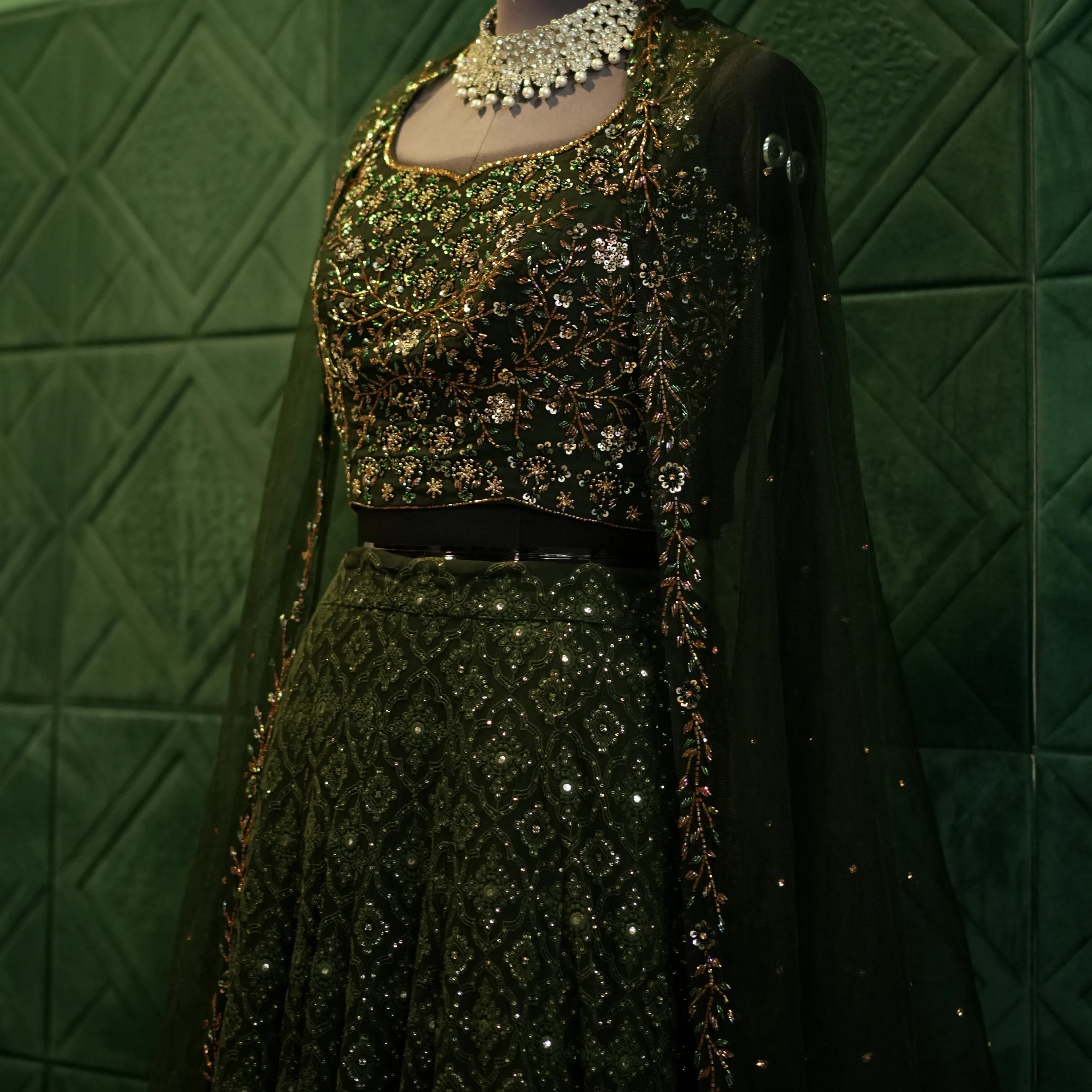 Dark Green Embroidered Lehenga