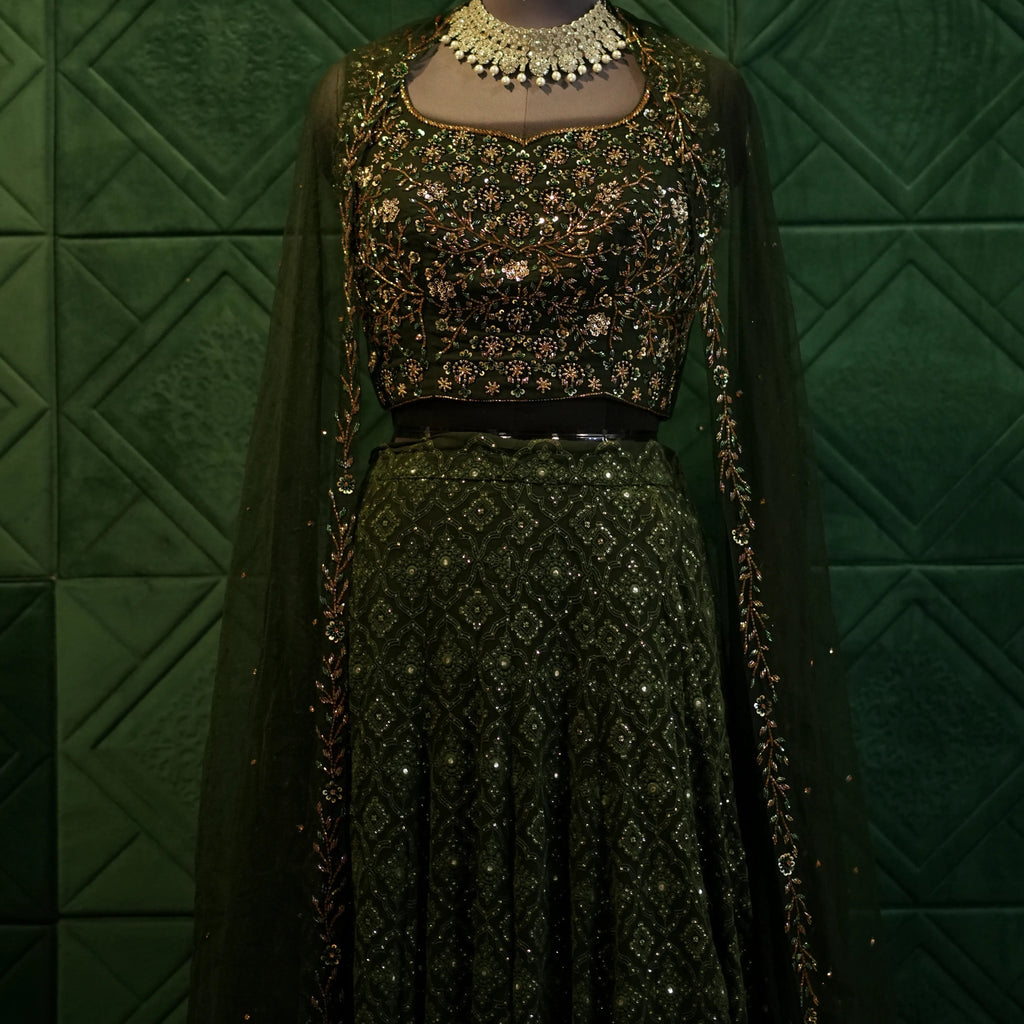Dark Green Embroidered Lehenga