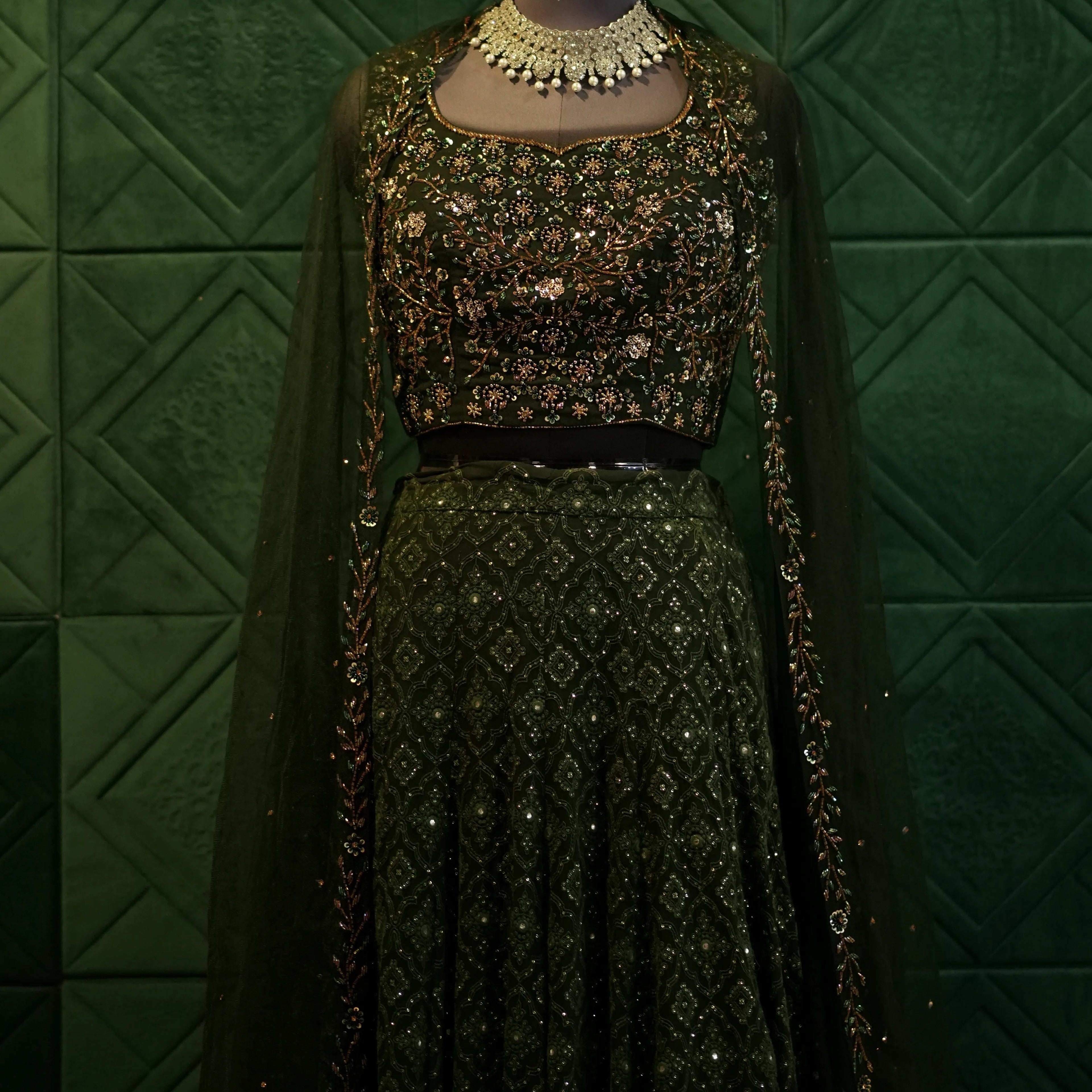 Dark Green Embroidered Lehenga