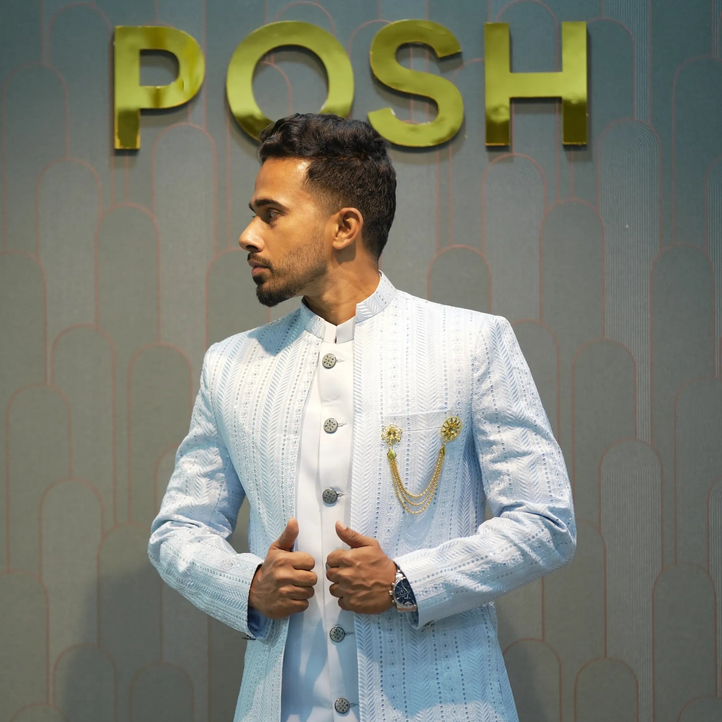 Ice Blue Indo-Western Sherwani Set