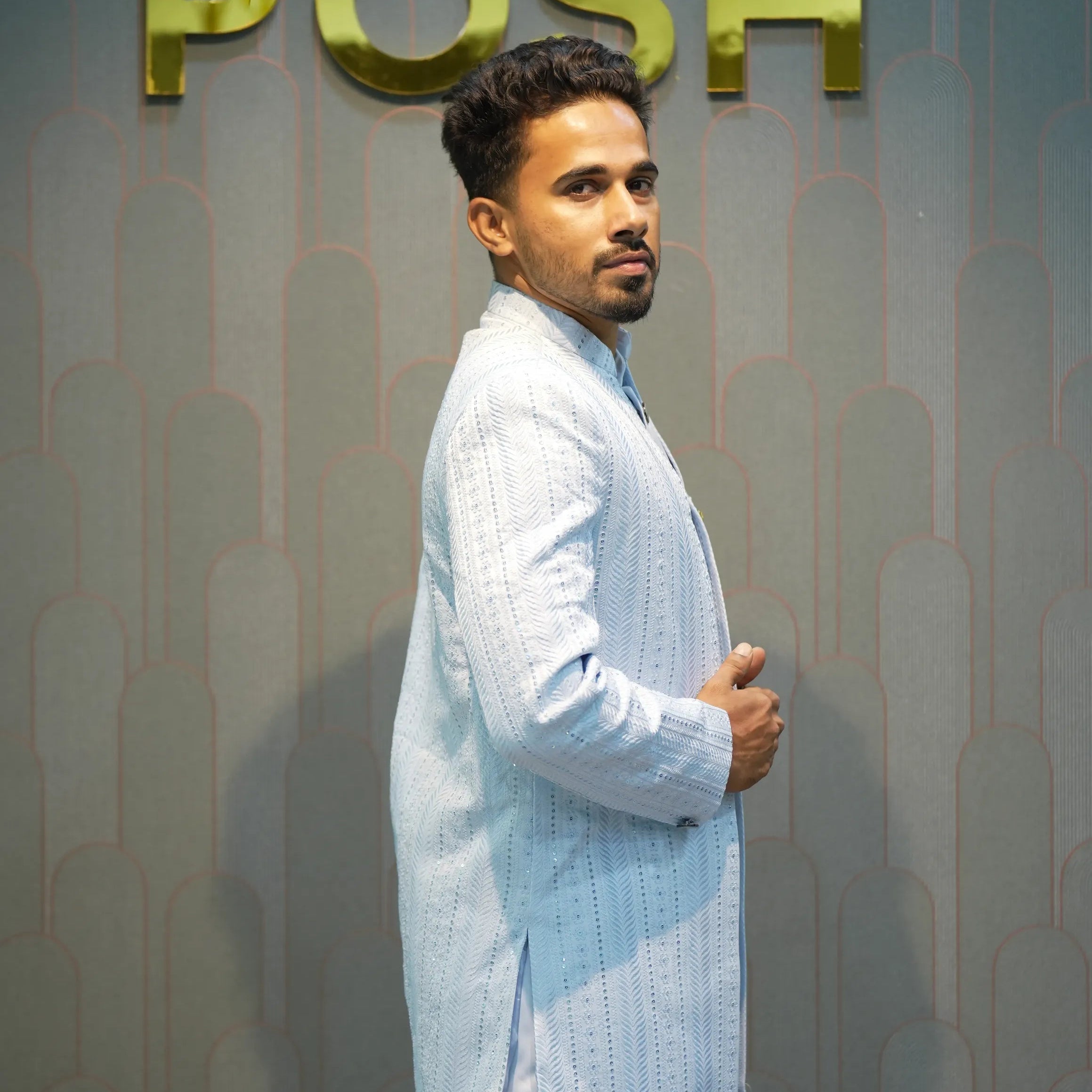 Ice Blue Indo-Western Sherwani Set