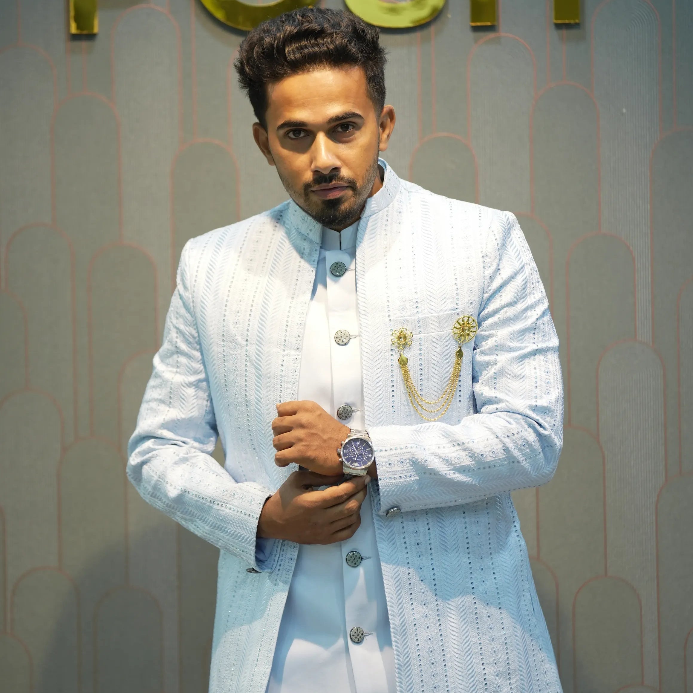 Ice Blue Indo-Western Sherwani Set