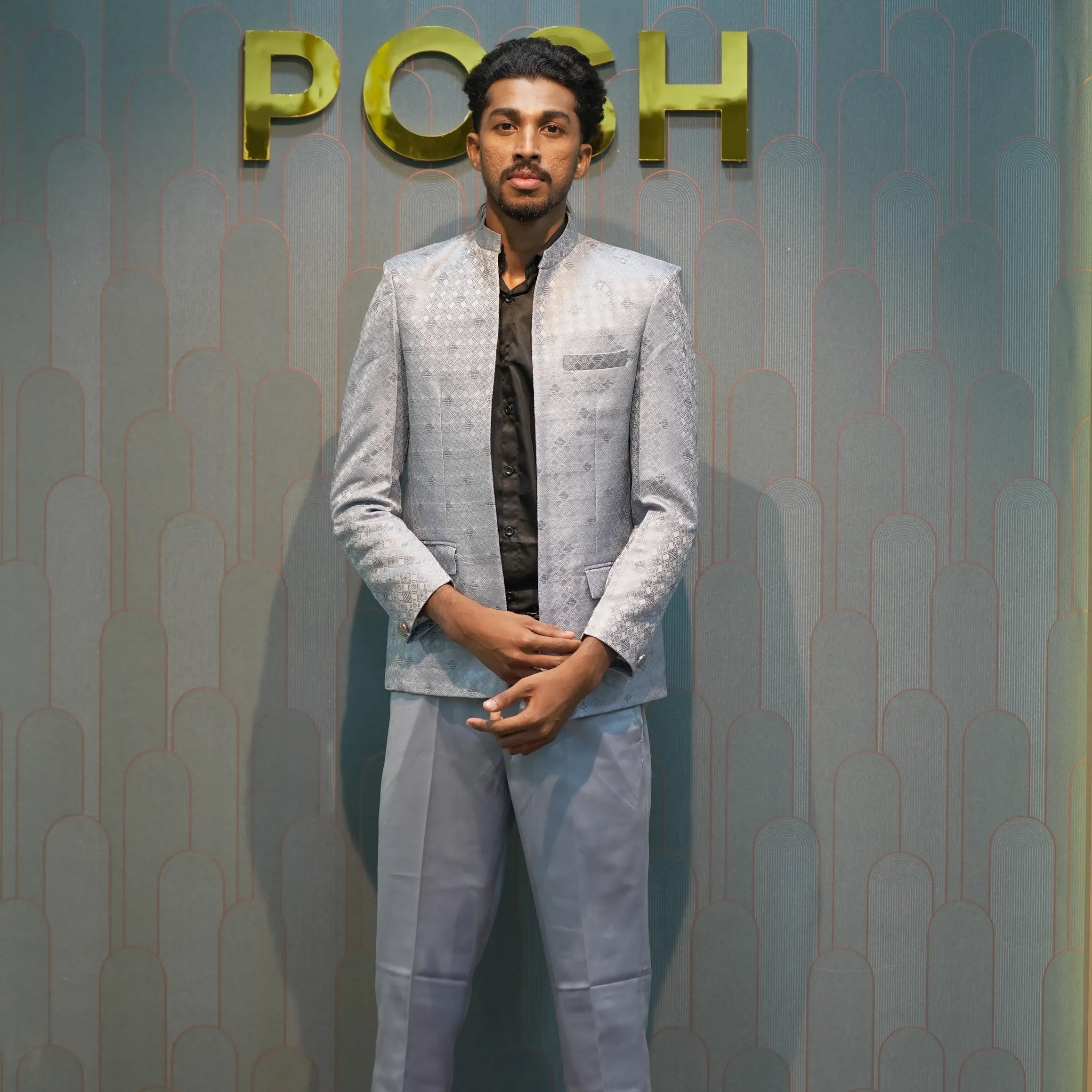 Sky Blue Textured Indo-Western Suit