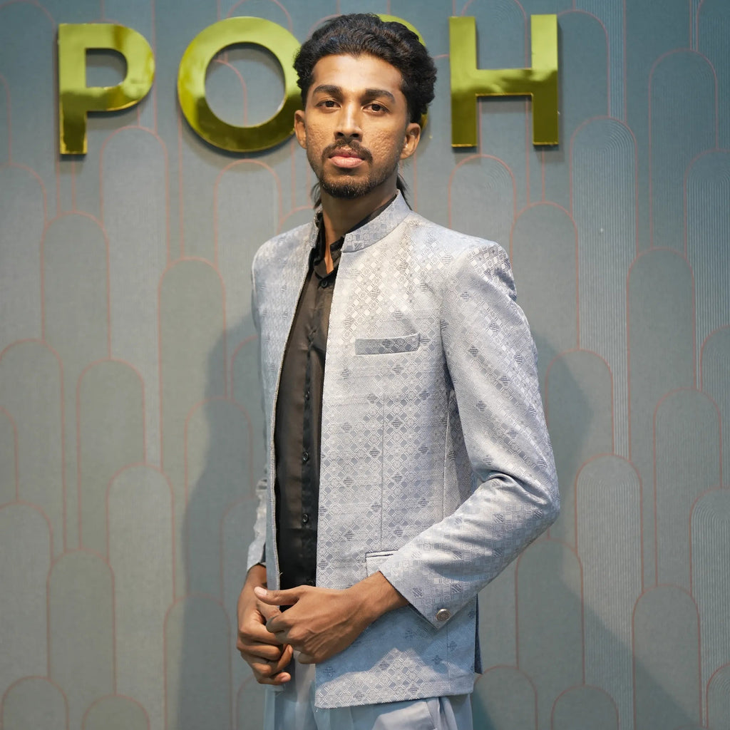 Sky Blue Textured Indo-Western Suit