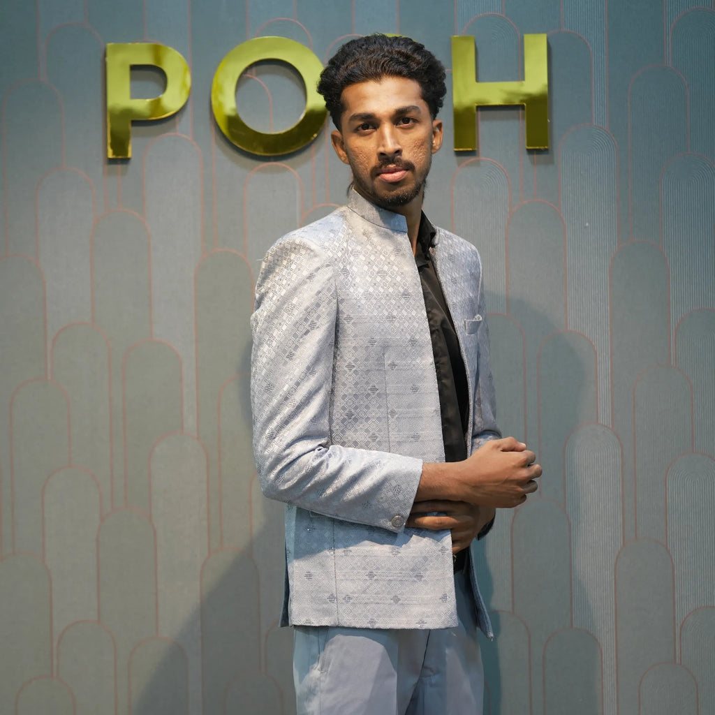 Sky Blue Textured Indo-Western Suit