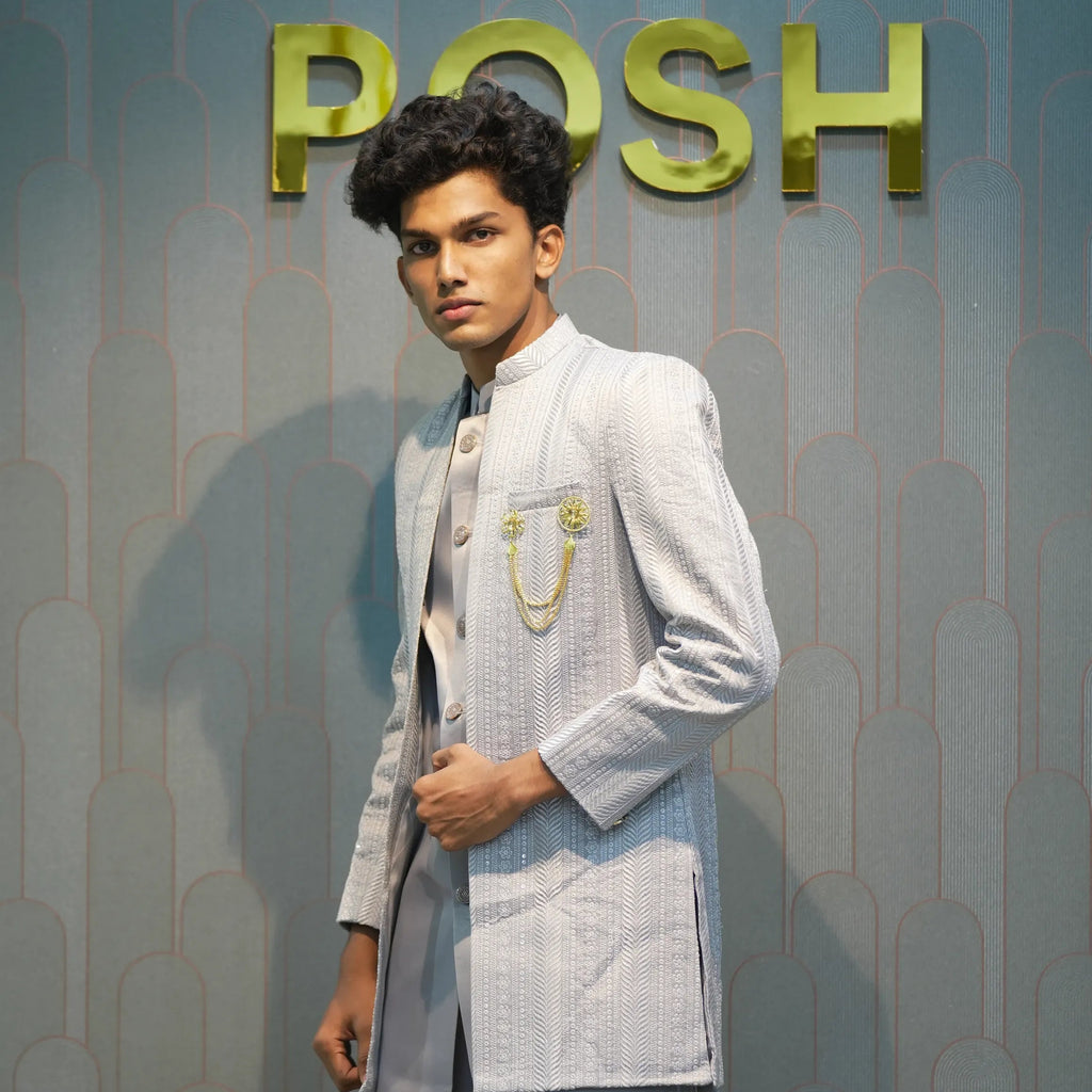 boy wearing Ash Grey Indo-Western set