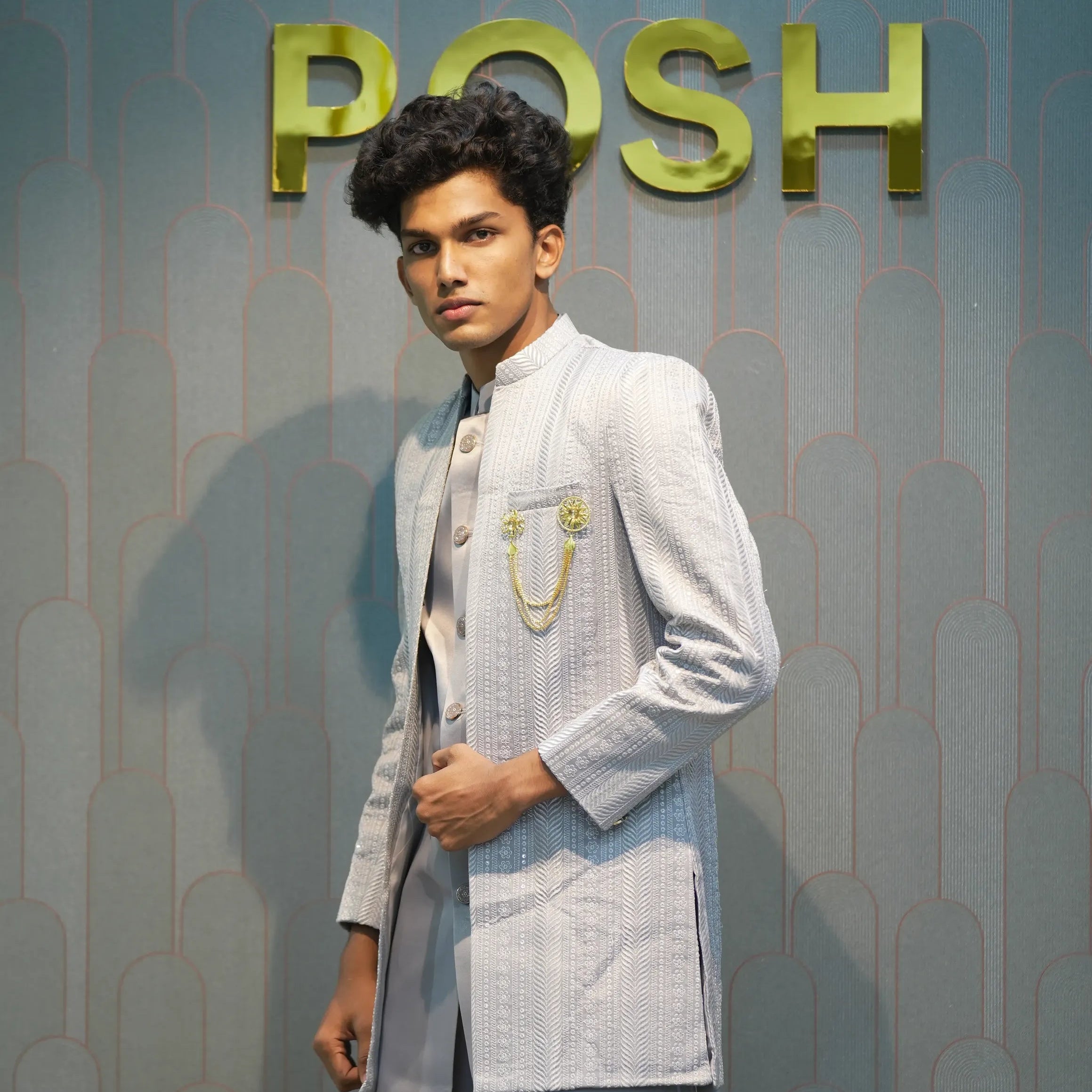 boy wearing Ash Grey Indo-Western set