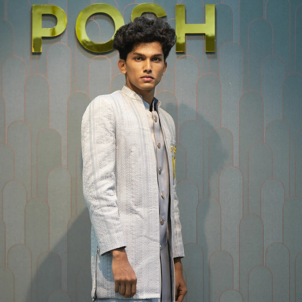 boy wearing Ash Grey Indo-Western set